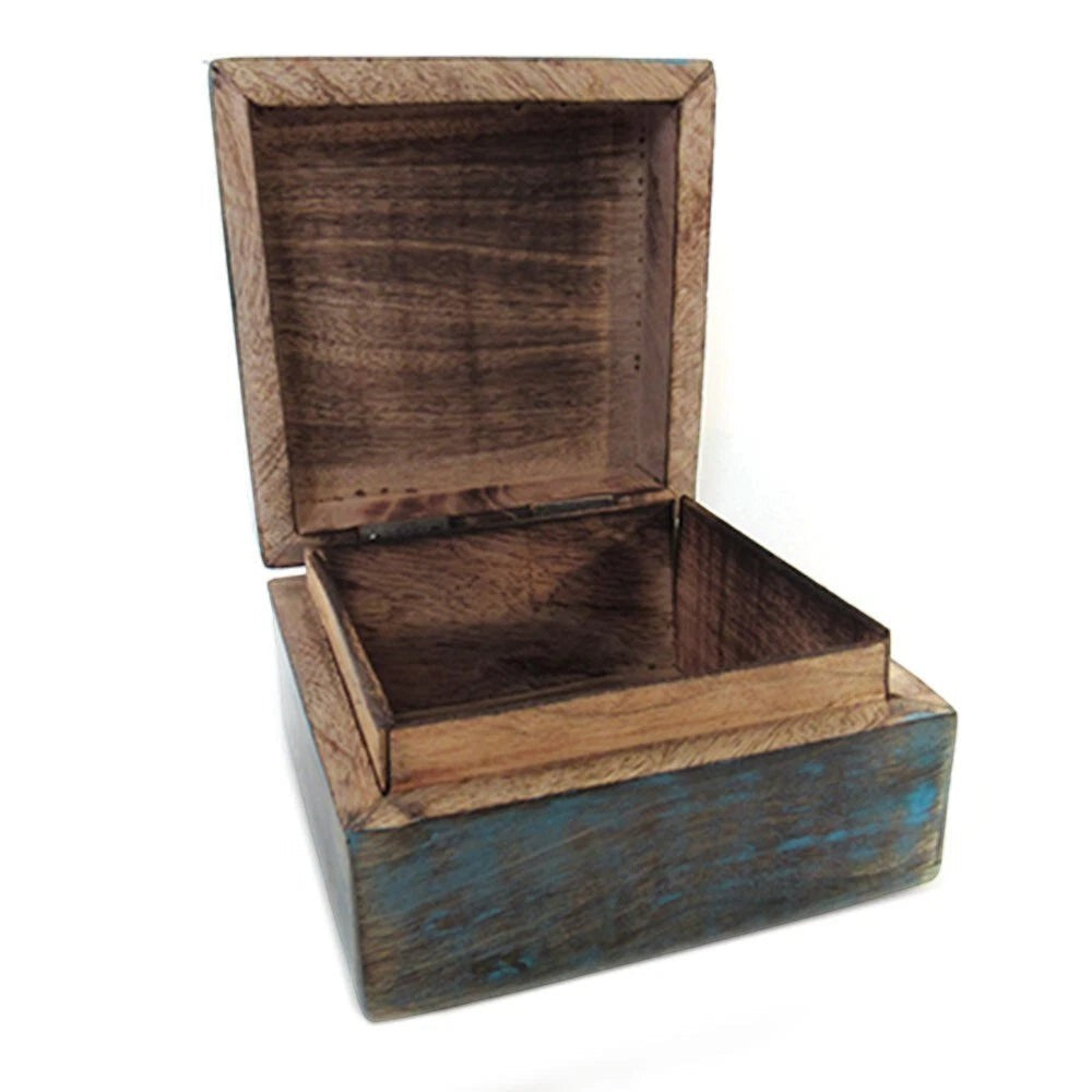 Crystal Fairy Patch handcrafted wooden box with a rustic distressed finish and blue accents, shown with the lid open.