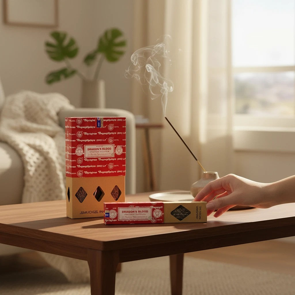 Crystal Fairy Patch Satya Dragon Blood smudge incense sticks in red and gold packaging on a wooden table with smoke rising.