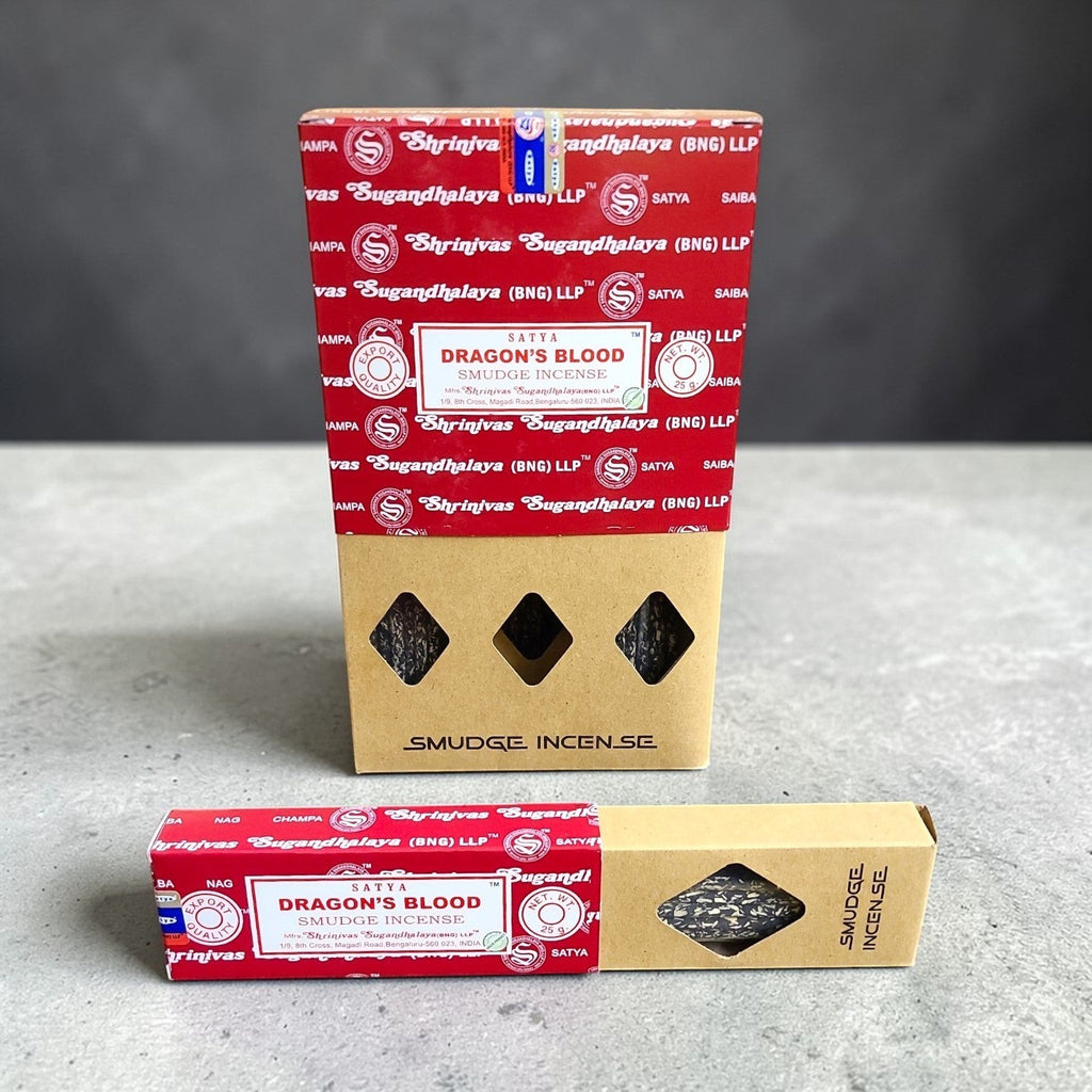 Crystal Fairy Patch Satya Dragon Blood smudge incense sticks in red and brown packaging for spiritual cleansing and meditation.