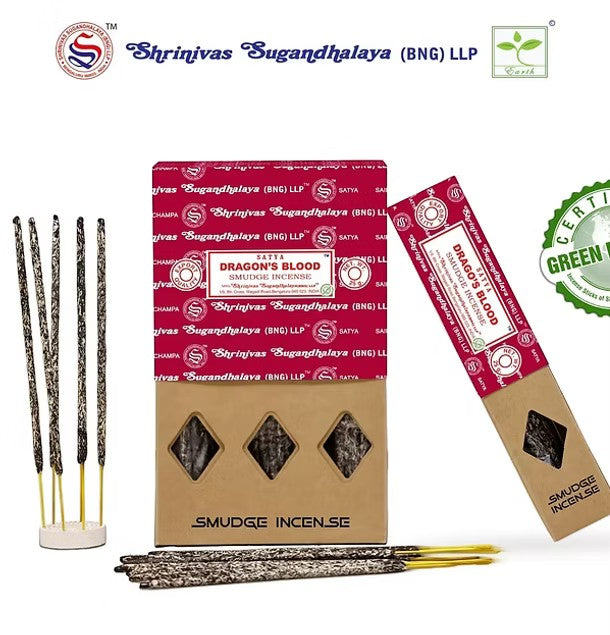 Crystal Fairy Patch Satya Dragon Blood smudge incense sticks in a 25gm box for spiritual cleansing and meditation.