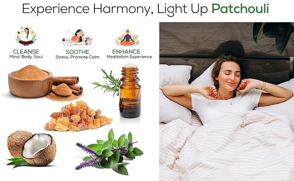Crystal Fairy Patch Satya Patchouli incense ingredients including herbs and oils with a woman relaxing in bed for meditation