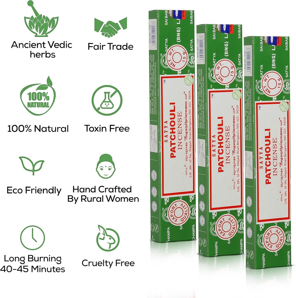 Crystal Fairy Patch Satya Patchouli incense sticks in green and white boxes with natural, eco-friendly, and cruelty-free icons.
