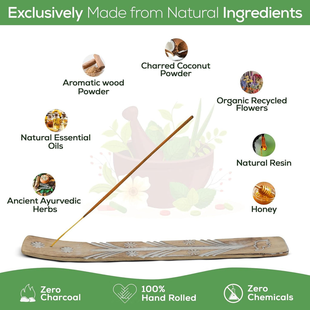 Crystal Fairy Patch Satya patchouli incense stick on a carved wooden holder with natural ingredient icons and text overlay