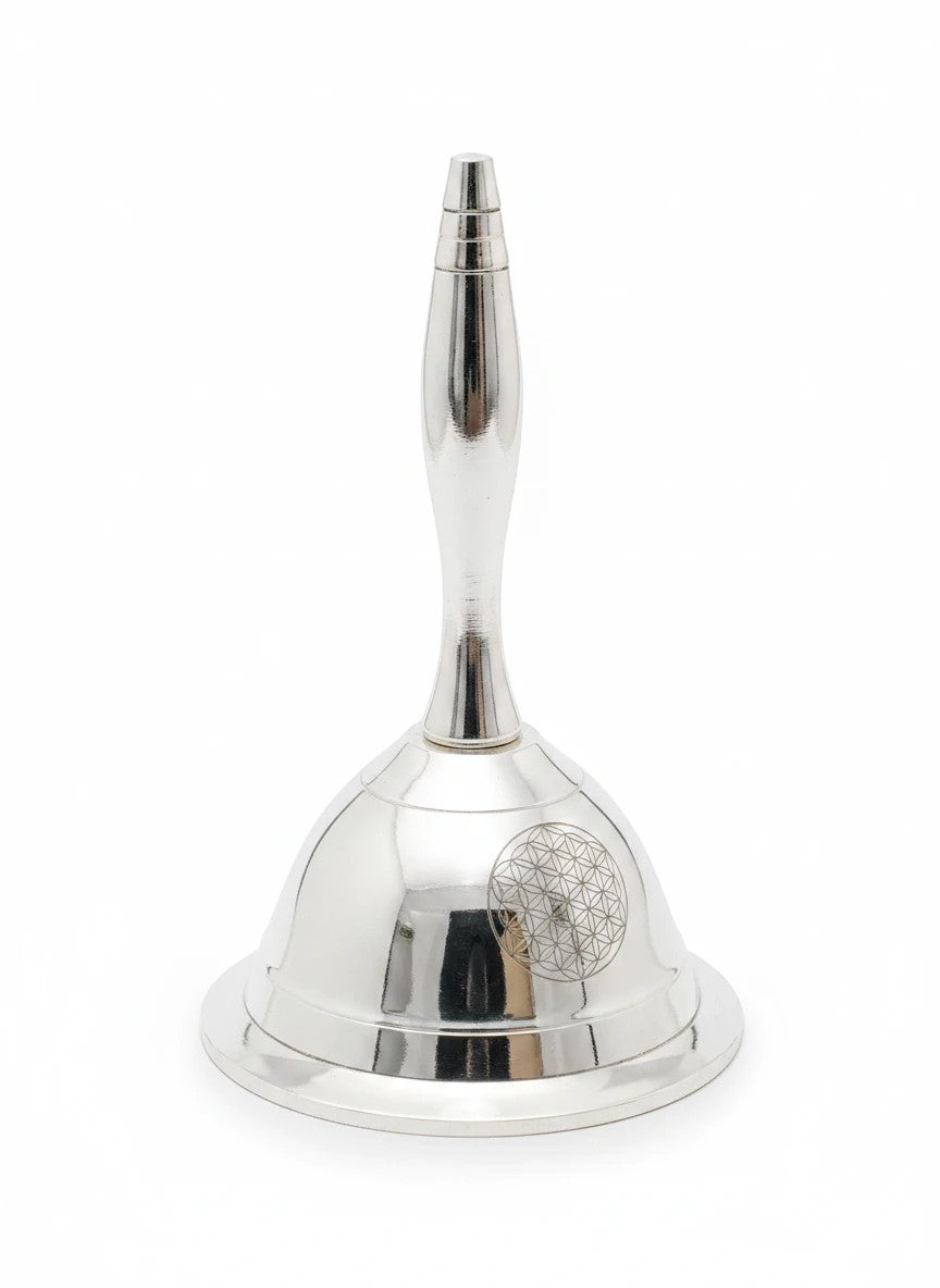 Crystal Fairy Patch 3-inch silver-plated altar bell featuring an engraved Flower of Life symbol for meditation and rituals.