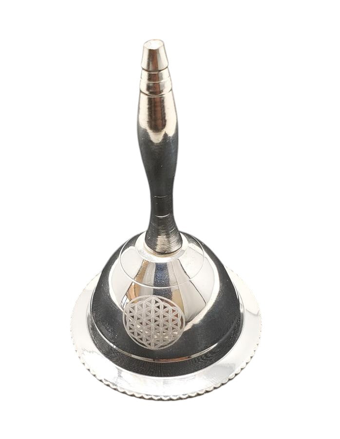 Crystal Fairy Patch 3-inch silver-plated altar bell featuring an engraved Flower of Life sacred geometry symbol.