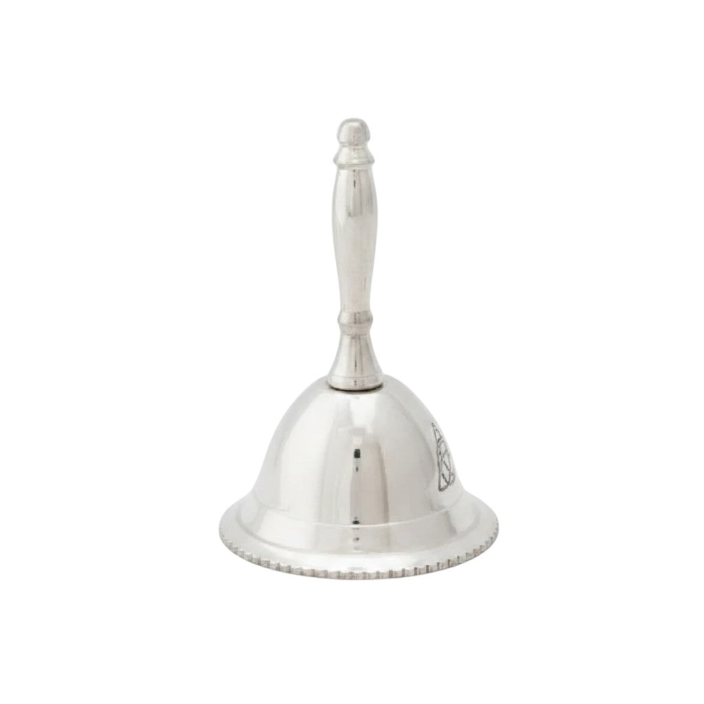 Crystal Fairy Patch 3-inch silver plated altar bell featuring an engraved triquetra symbol on a polished metallic finish.