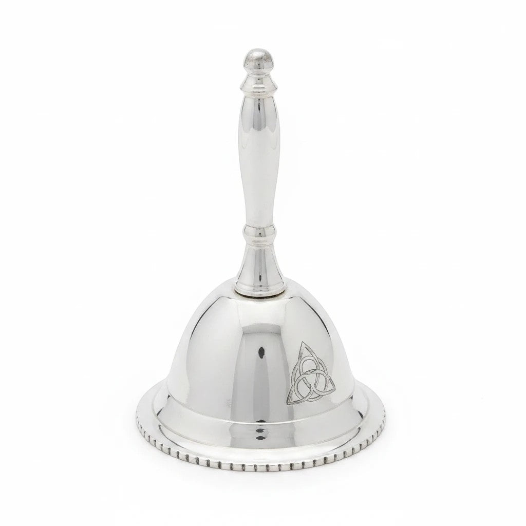 Crystal Fairy Patch 3-inch silver plated altar bell featuring an engraved triquetra symbol on a polished metallic finish.