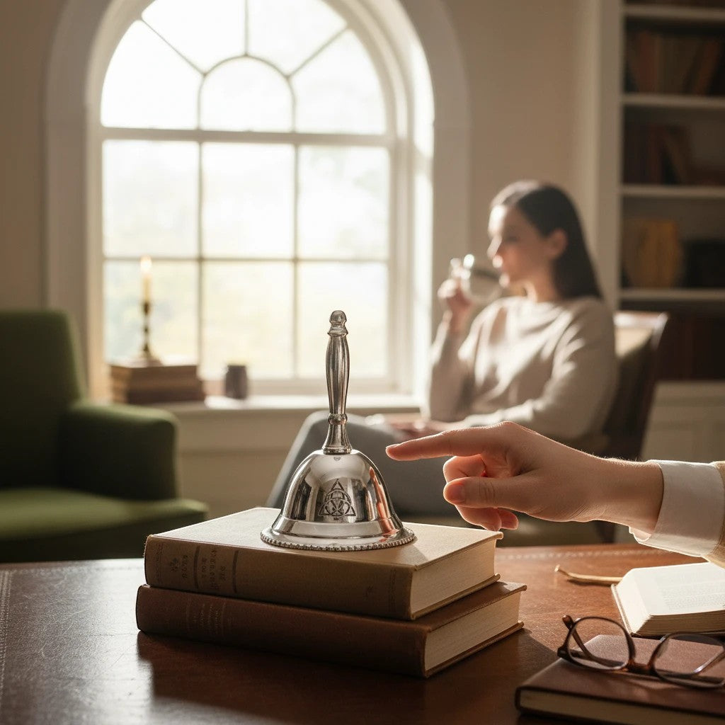 Crystal Fairy Patch 3-inch silver plated altar bell with engraved triquetra symbol resting on vintage books in a cozy room