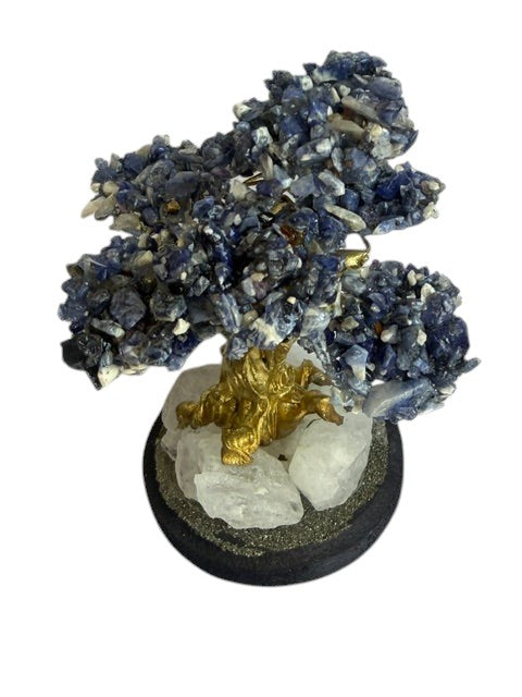Crystal Fairy Patch Sodalite bonsai tree with blue crystal leaves, gold trunk, and a quartz and pyrite base for home decor.
