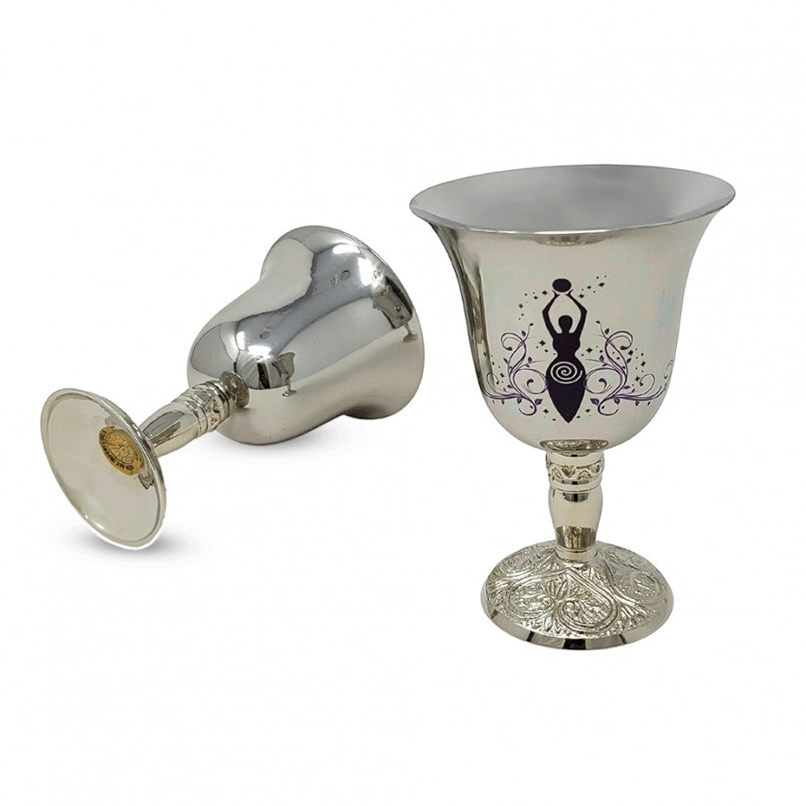 Crystal Fairy Patch stainless steel ritual chalice featuring a black Goddess of Earth design and ornate base detailing.