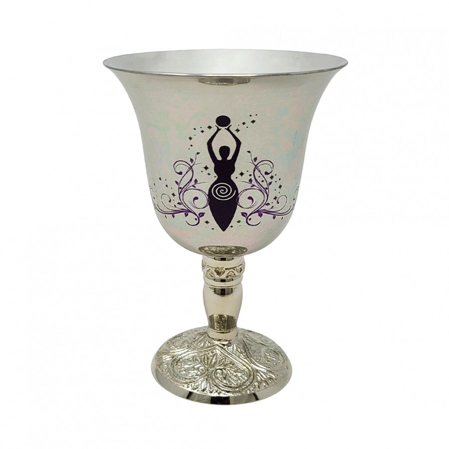 Crystal Fairy Patch stainless steel chalice featuring a black Goddess of Earth design with ornate base detailing