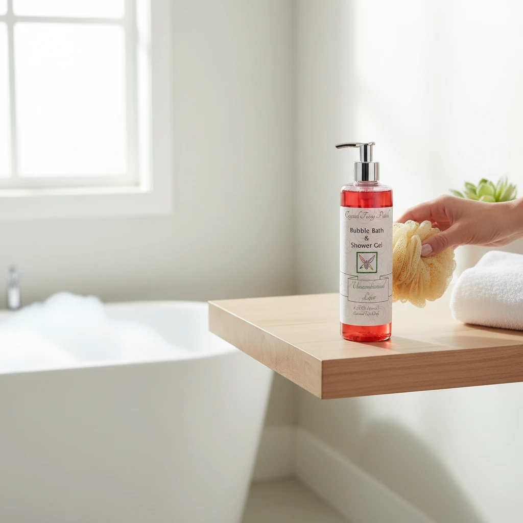Crystal Fairy Patch Unconditional Love shower gel and bubble bath in a clear bottle with a pump, held with a beige bath sponge.