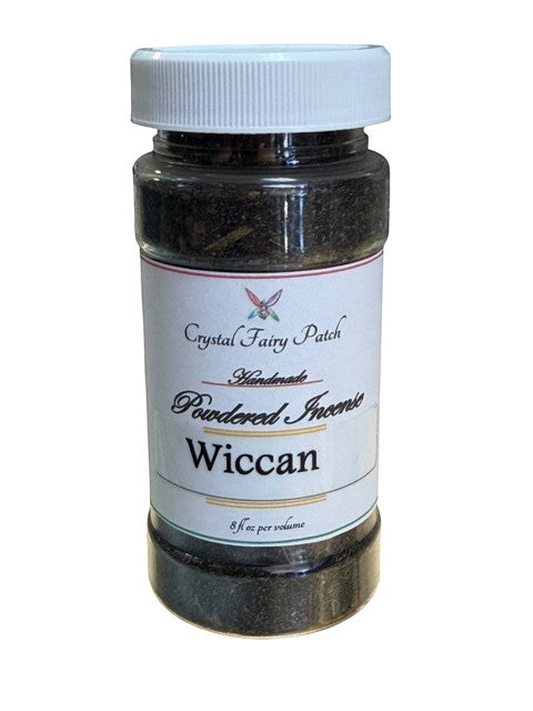 Crystal Fairy Patch Wiccan powdered incense in a clear 8 fl oz plastic jar for ritual spell work.