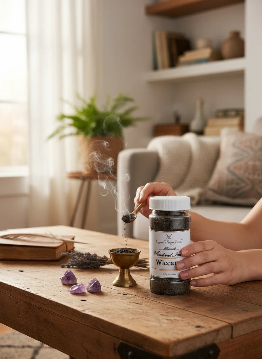 Crystal Fairy Patch powdered incense in a jar with a brass burner and amethyst crystals on a wooden table.