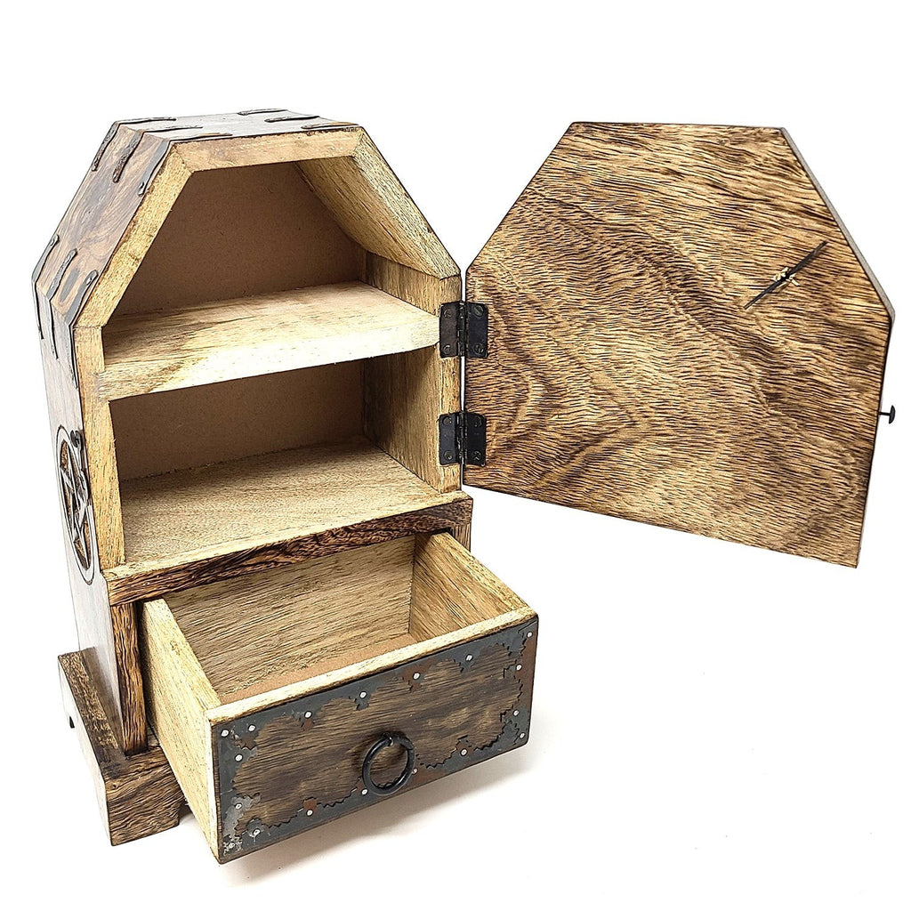 Crystal Fairy Patch wooden pentagram storage chest with open hinged door and pull-out drawer, featuring rustic dark wood grain.