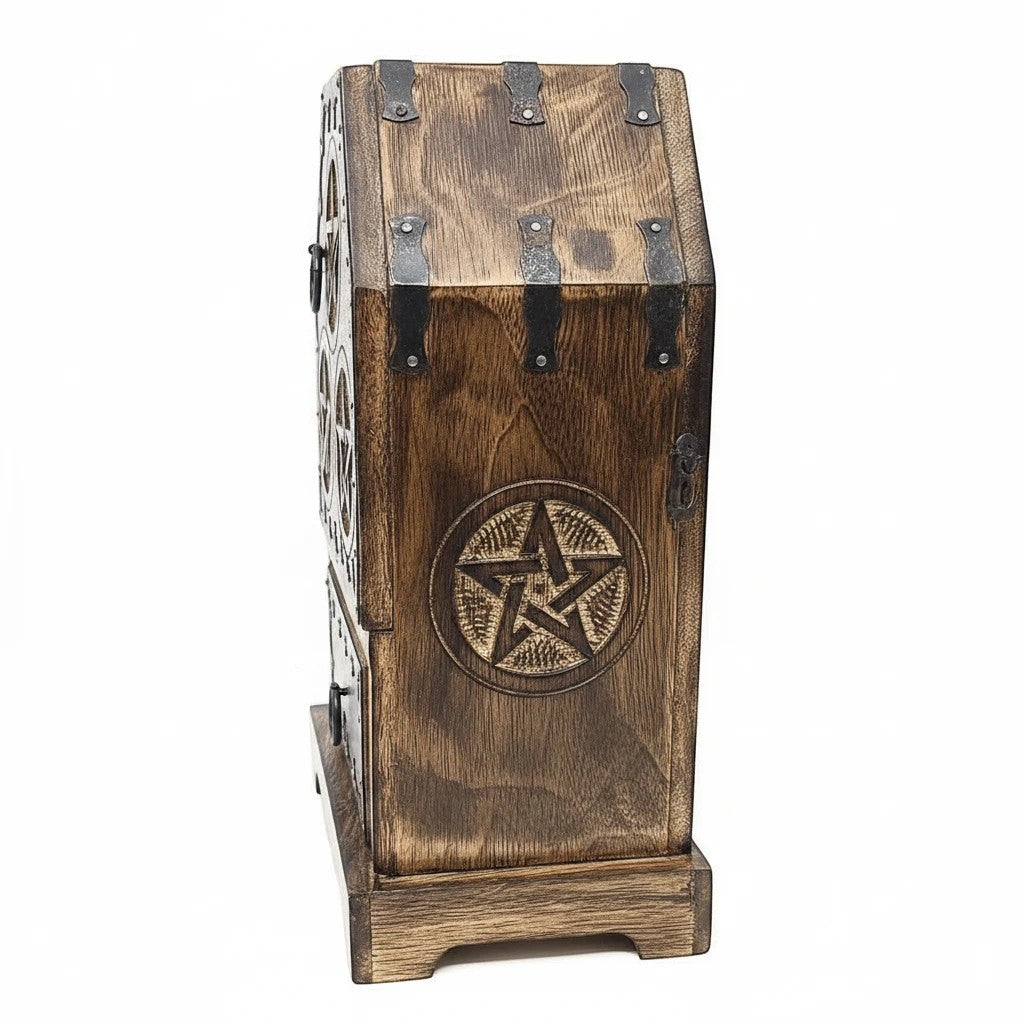 Crystal Fairy Patch wooden pentagram storage chest with rustic finish, gabled top, and pull-out drawer for ritual tools.