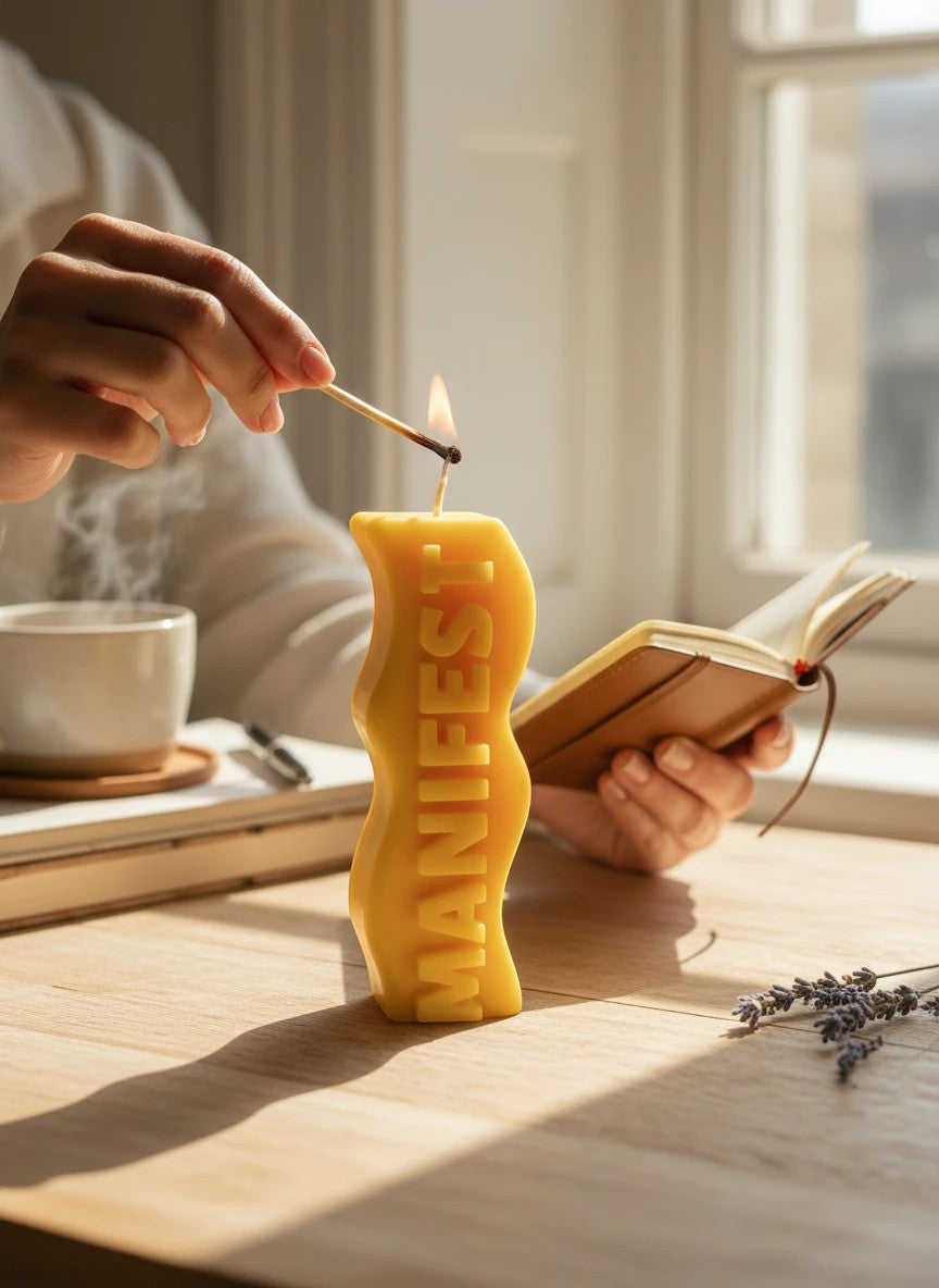 Crystal Fairy Patch yellow wavy pillar candle with MANIFEST lettering being lit by hand on a desk with a journal and coffee.