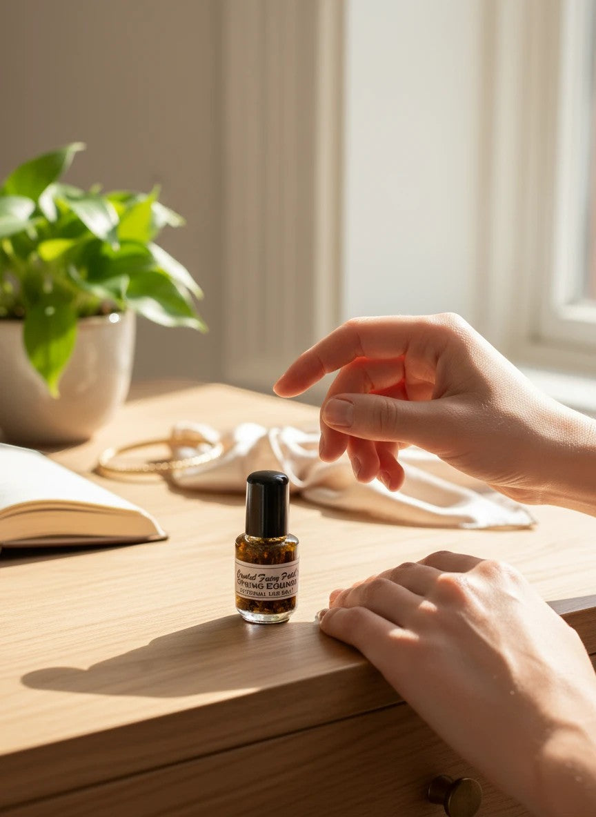 Crystal Fairy Patch Spring Equinox Ostara oil in a small glass bottle on a wooden desk with a person's hands nearby.