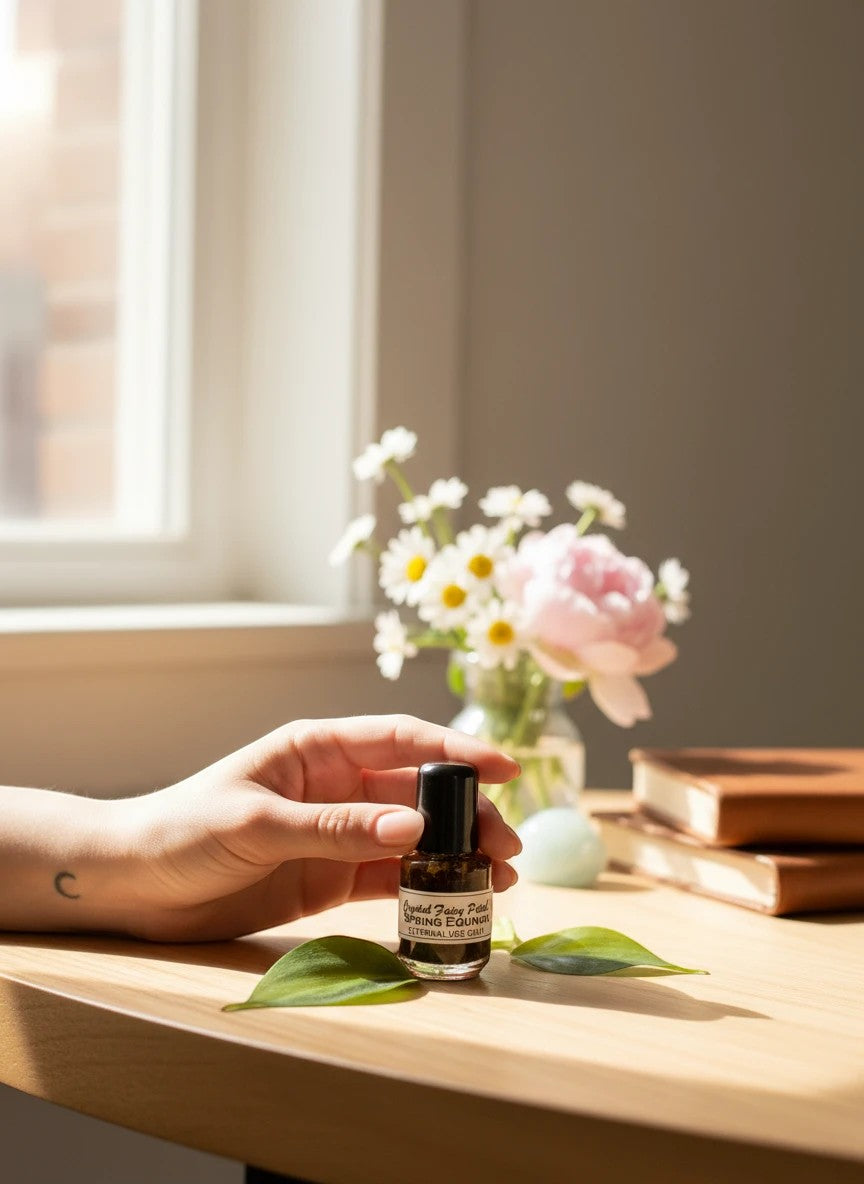 Crystal Fairy Patch Spring Equinox Ostara oil in a small glass bottle held by a hand on a wooden table with flowers.