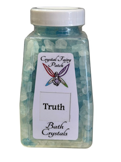 Crystal Fairy Patch Truth bath salts in a clear bottle with blue healing crystals for clarity and awareness.