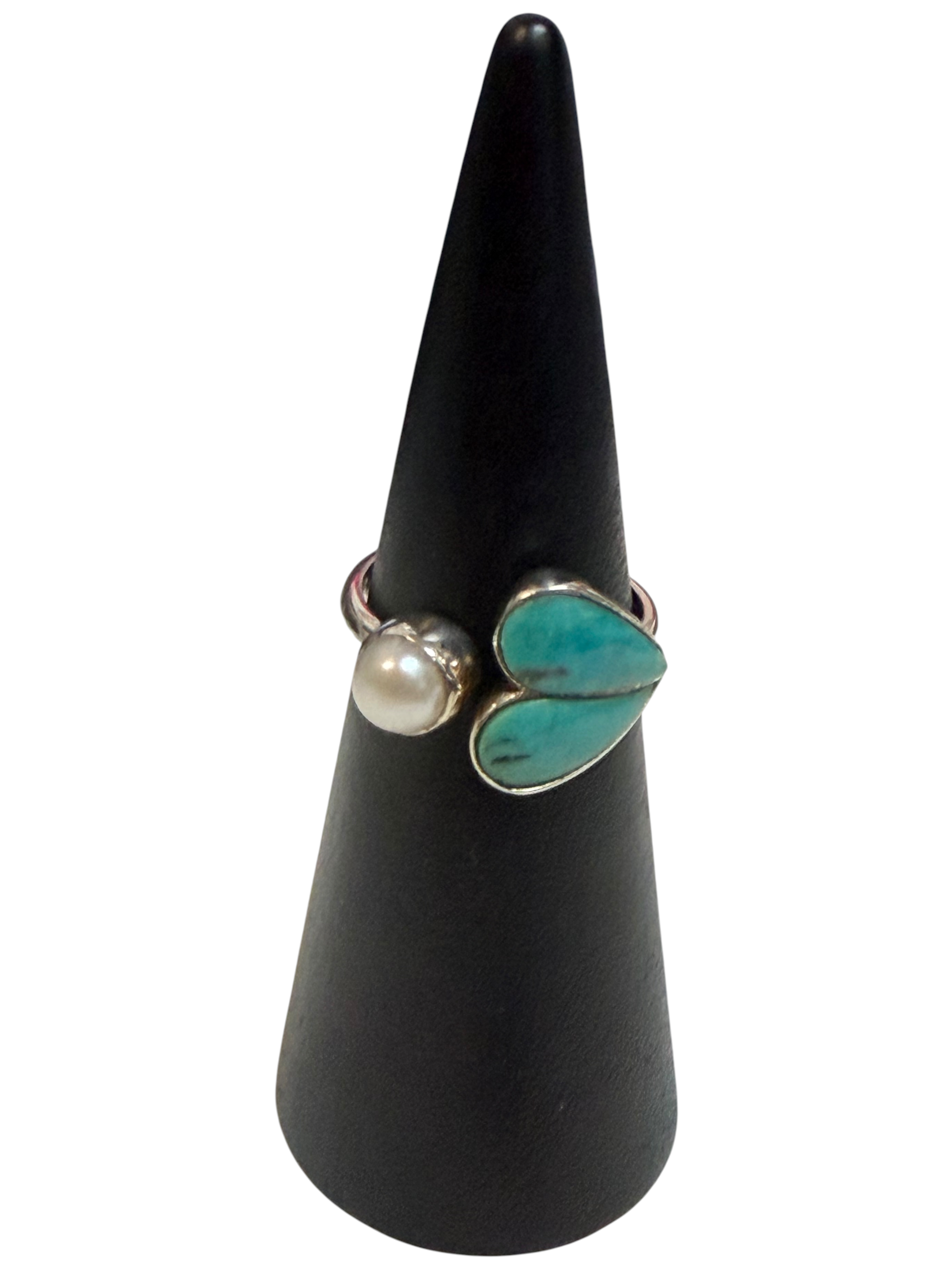 Turquoise & Pearl Size 9 Heart Sterling Silver Ring