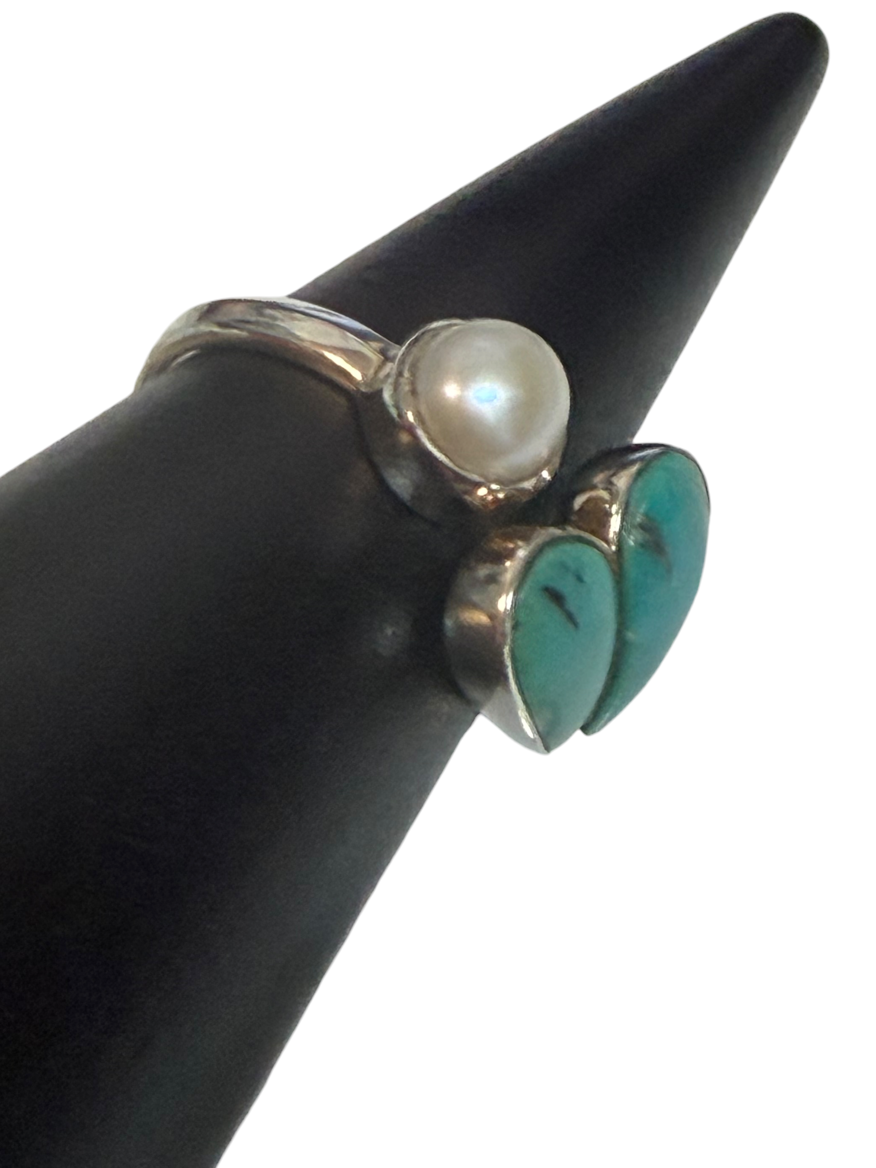 Turquoise & Pearl Size 9 Heart Sterling Silver Ring