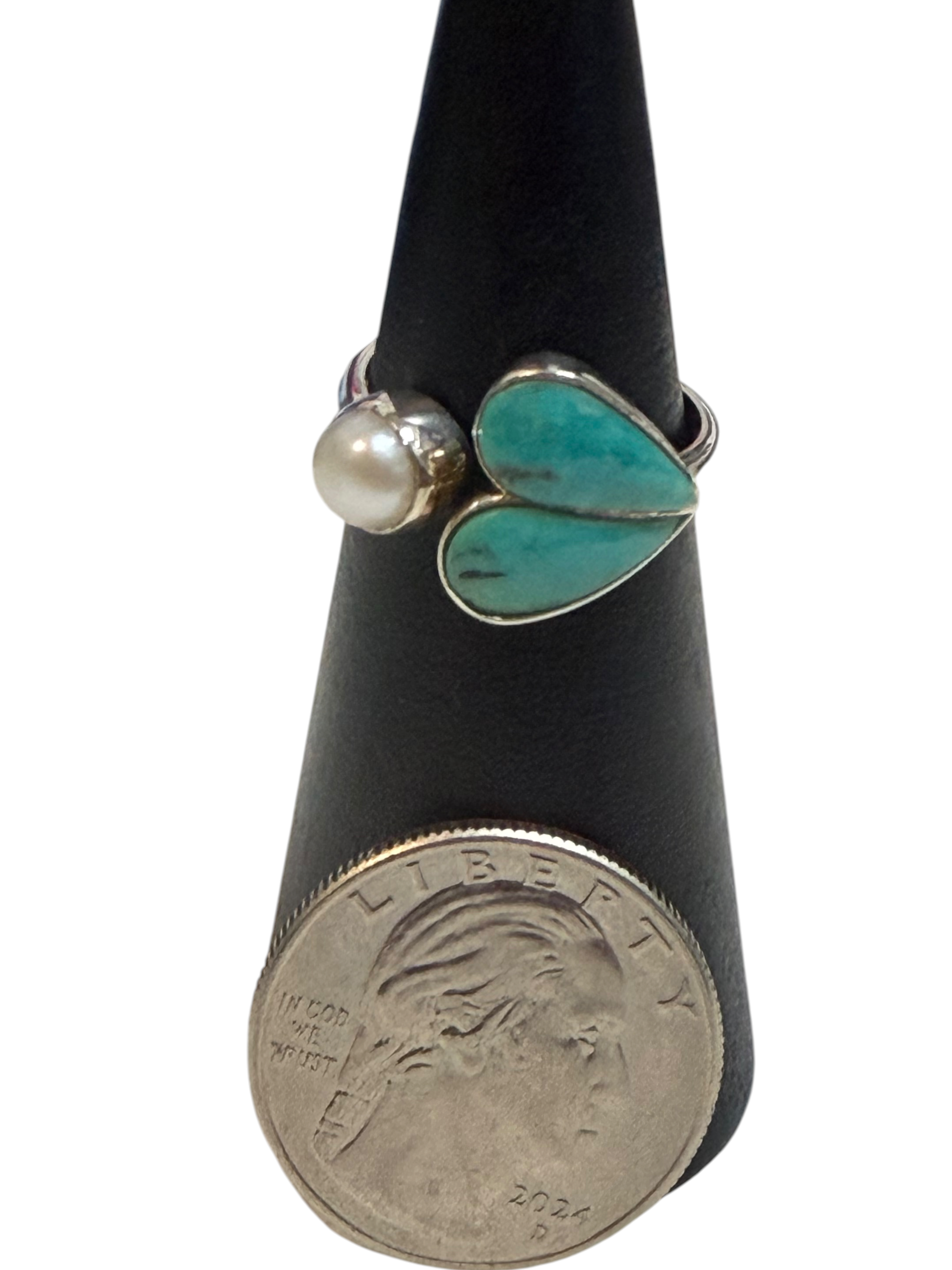 Turquoise & Pearl Size 9 Heart Sterling Silver Ring