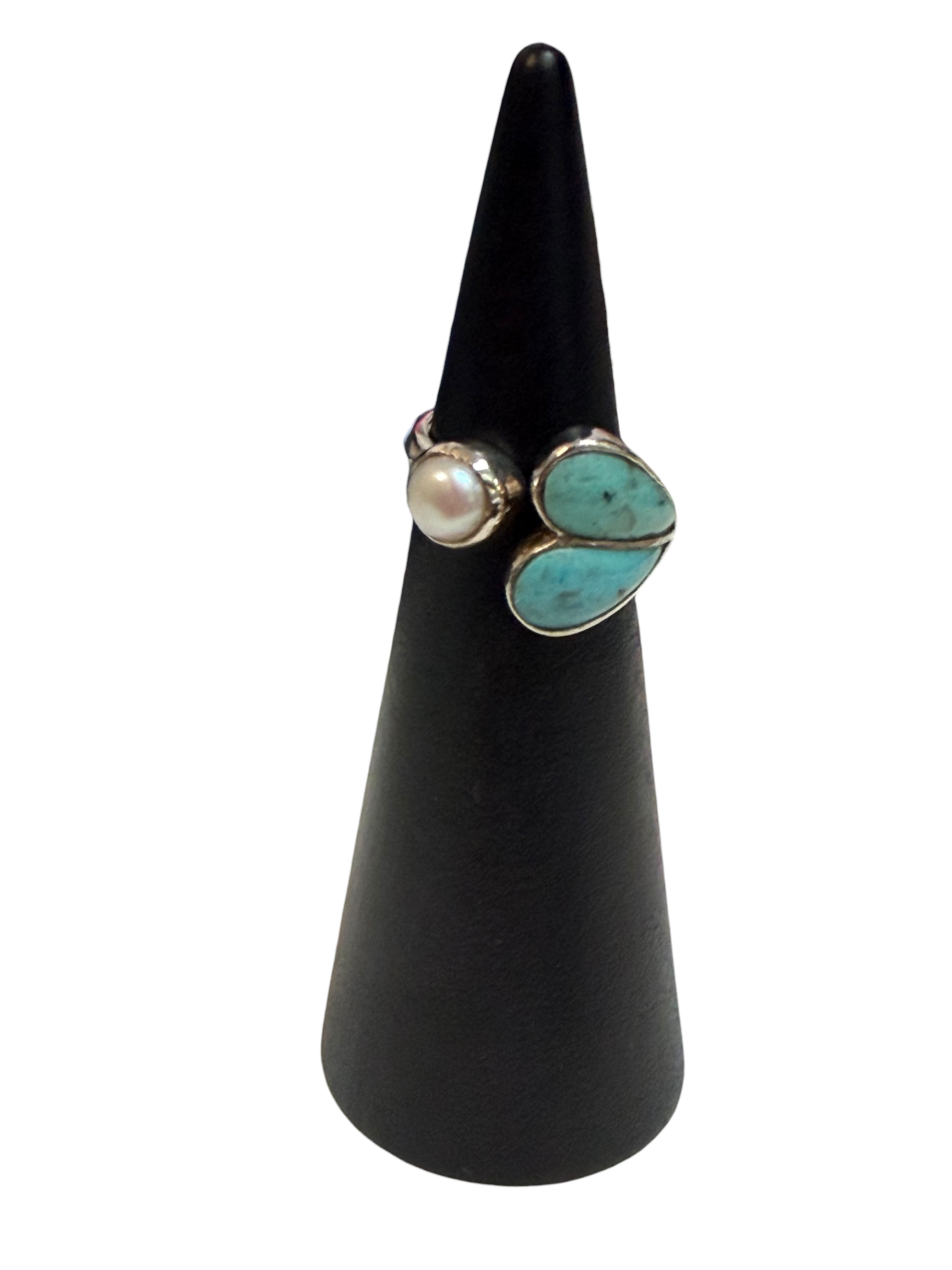 Turquoise & Pearl Size 6 Heart Sterling Silver Ring