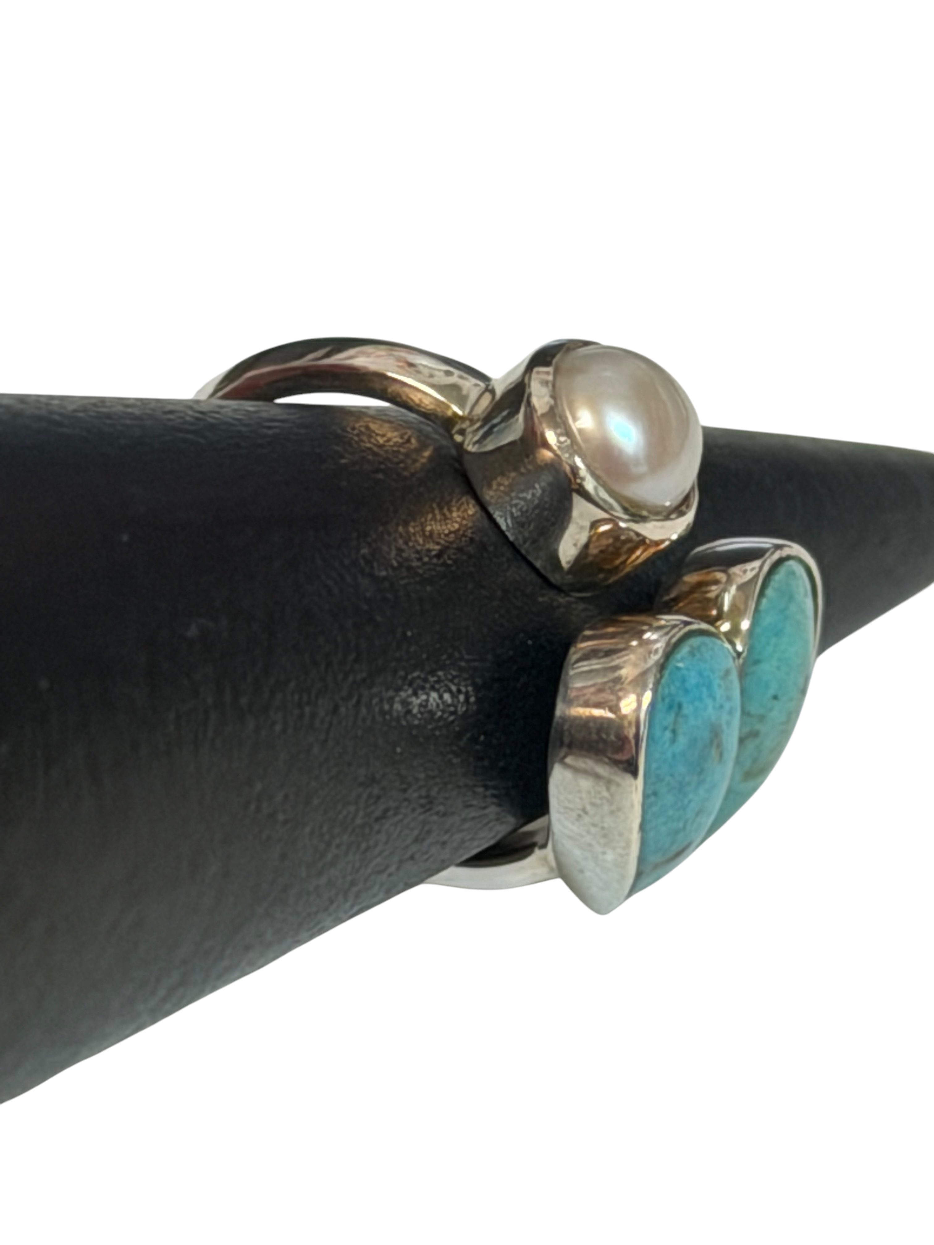 Turquoise & Pearl Size 6 Heart Sterling Silver Ring