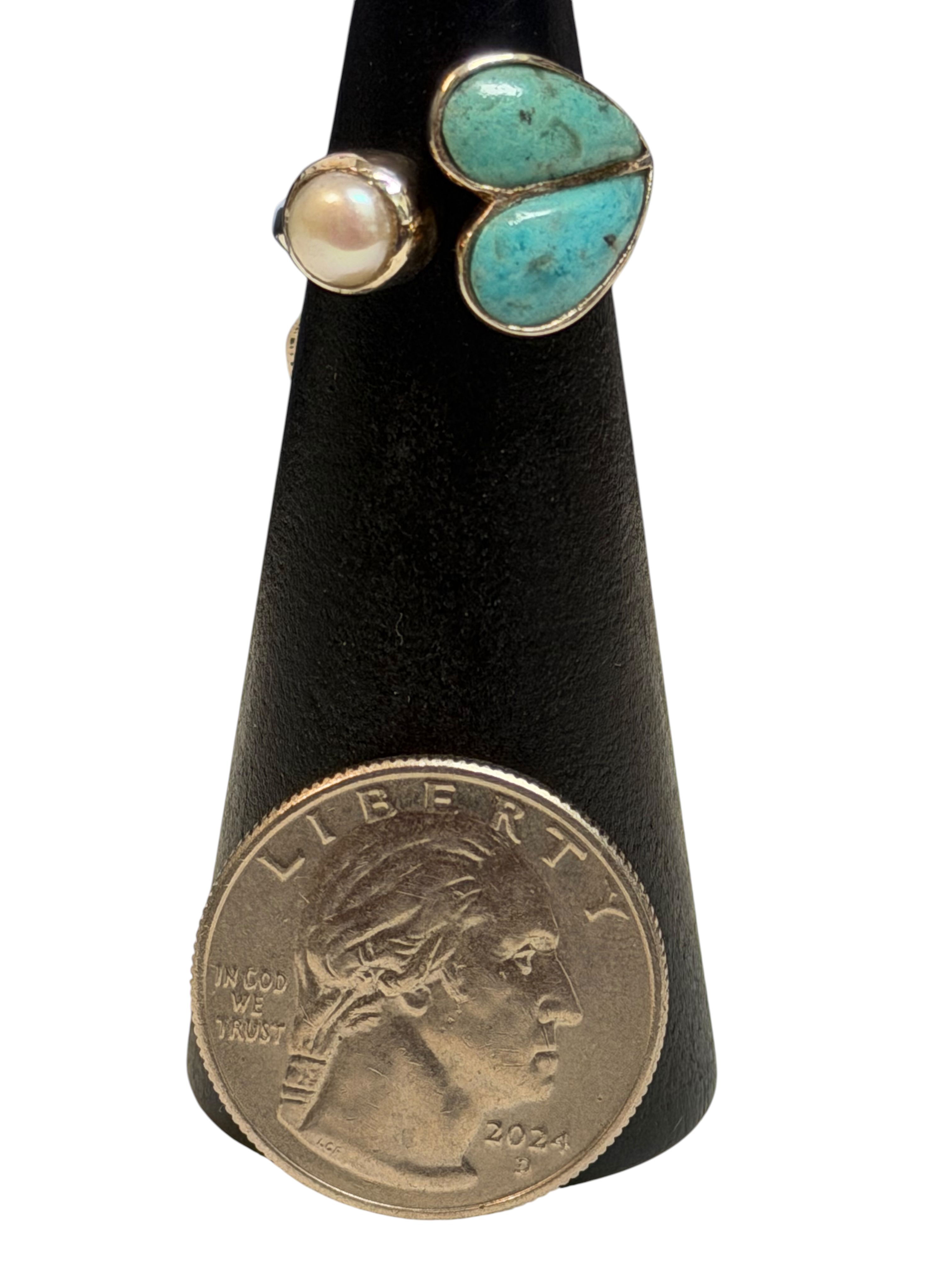 Turquoise & Pearl Size 6 Heart Sterling Silver Ring