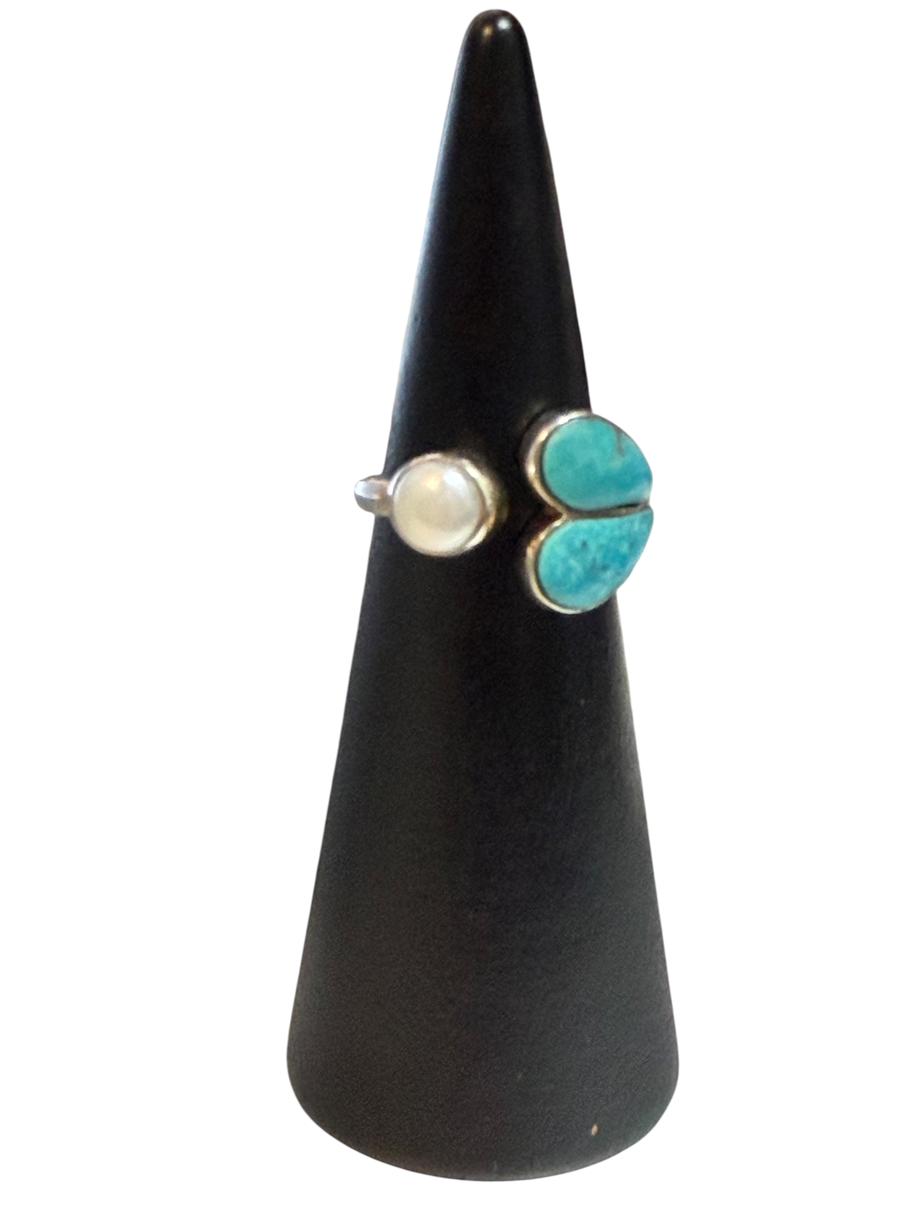 Turquoise & Pearl Size 7 Heart Sterling Silver Ring