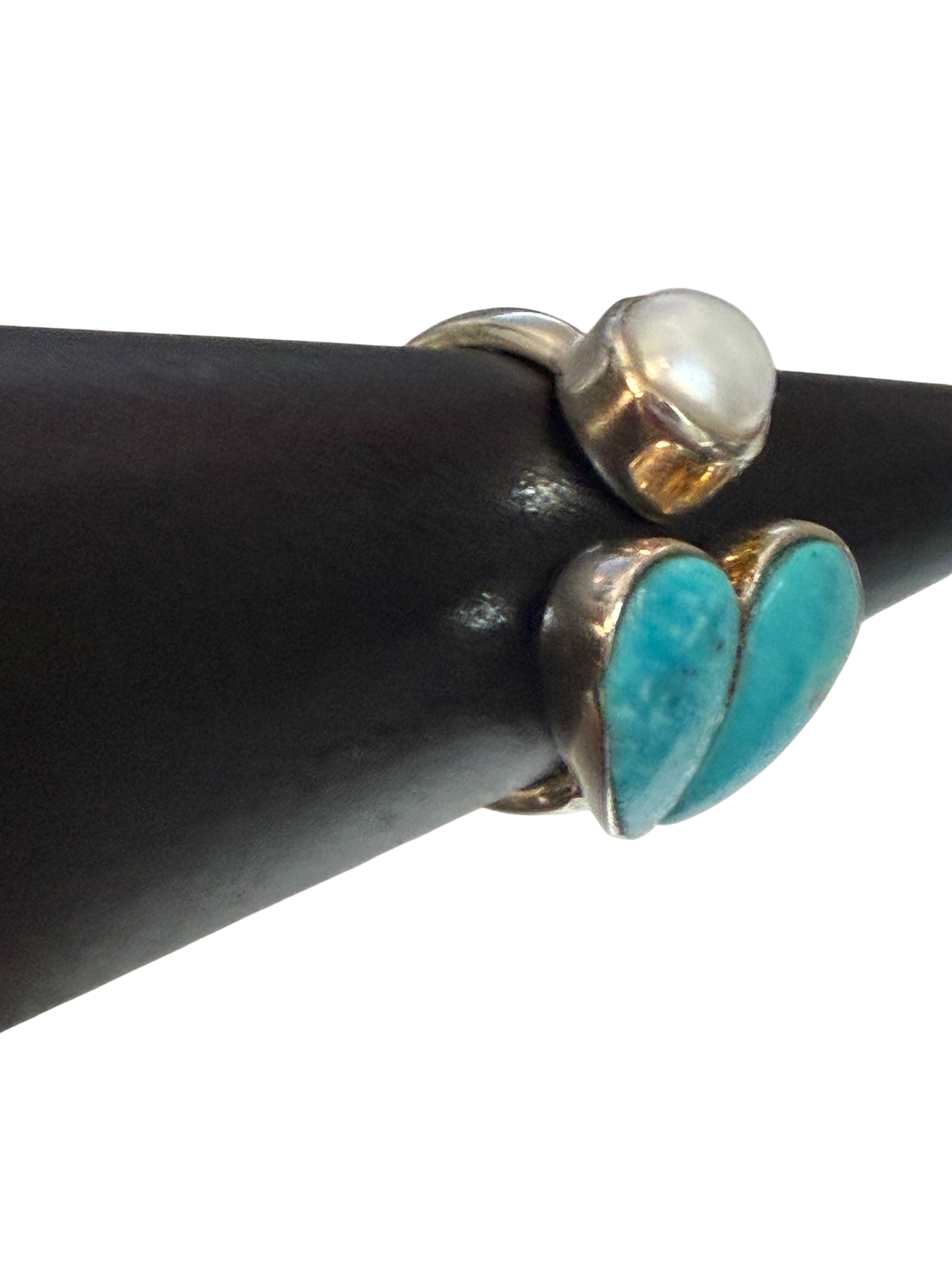 Turquoise & Pearl Size 7 Heart Sterling Silver Ring