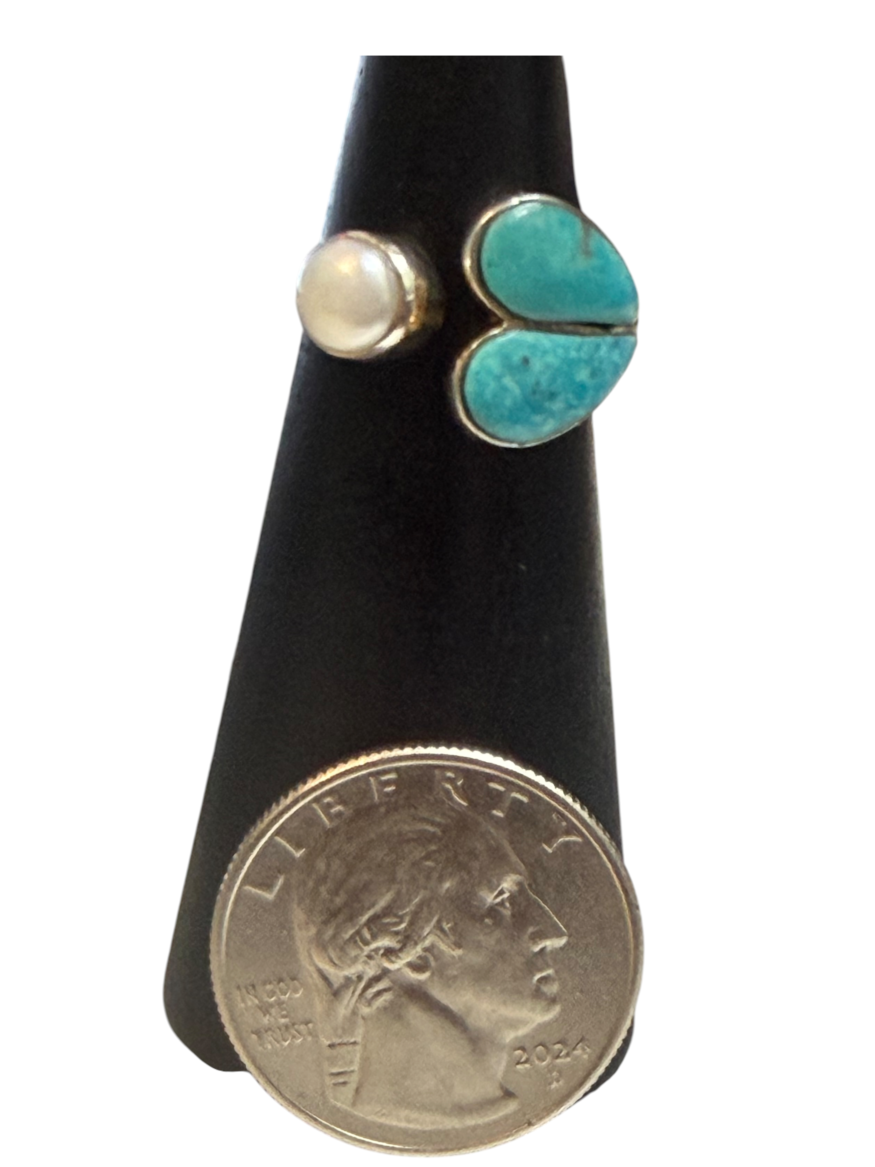 Turquoise & Pearl Size 7 Heart Sterling Silver Ring