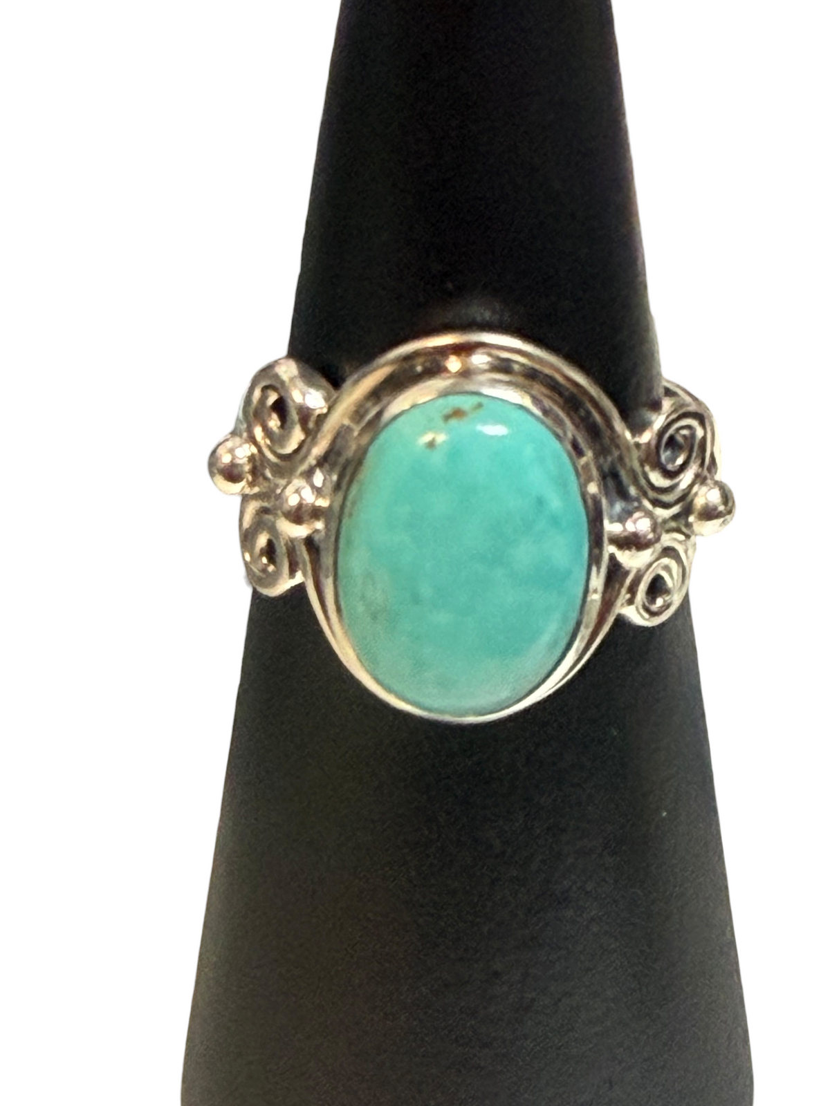 Mexican Turquoise Oval with Spirals Sterling Silver Ring