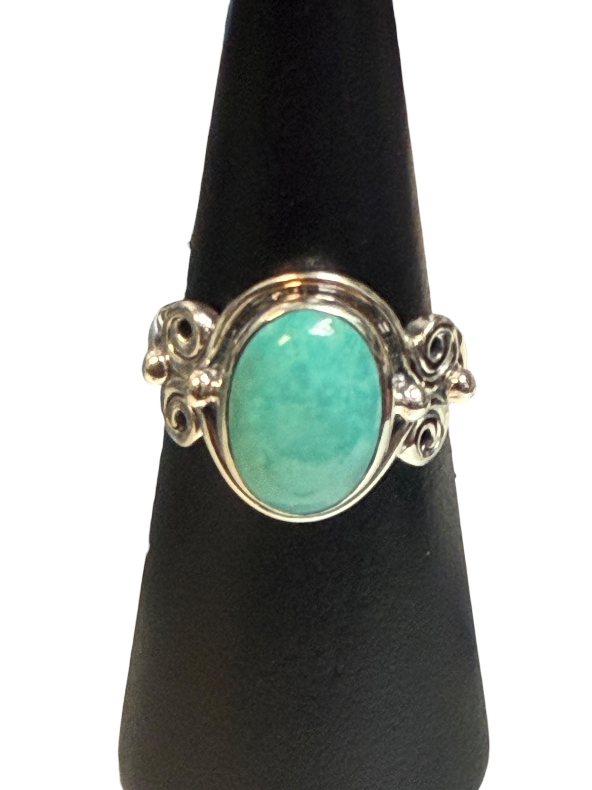 Mexican Turquoise Oval with Spirals Sterling Silver Ring