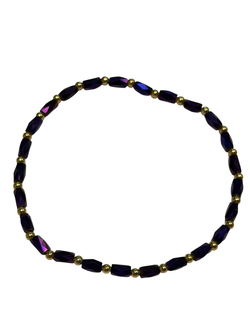 Mini Deep Purple Iridescent Glass with Gold Tone Beaded Bracelet