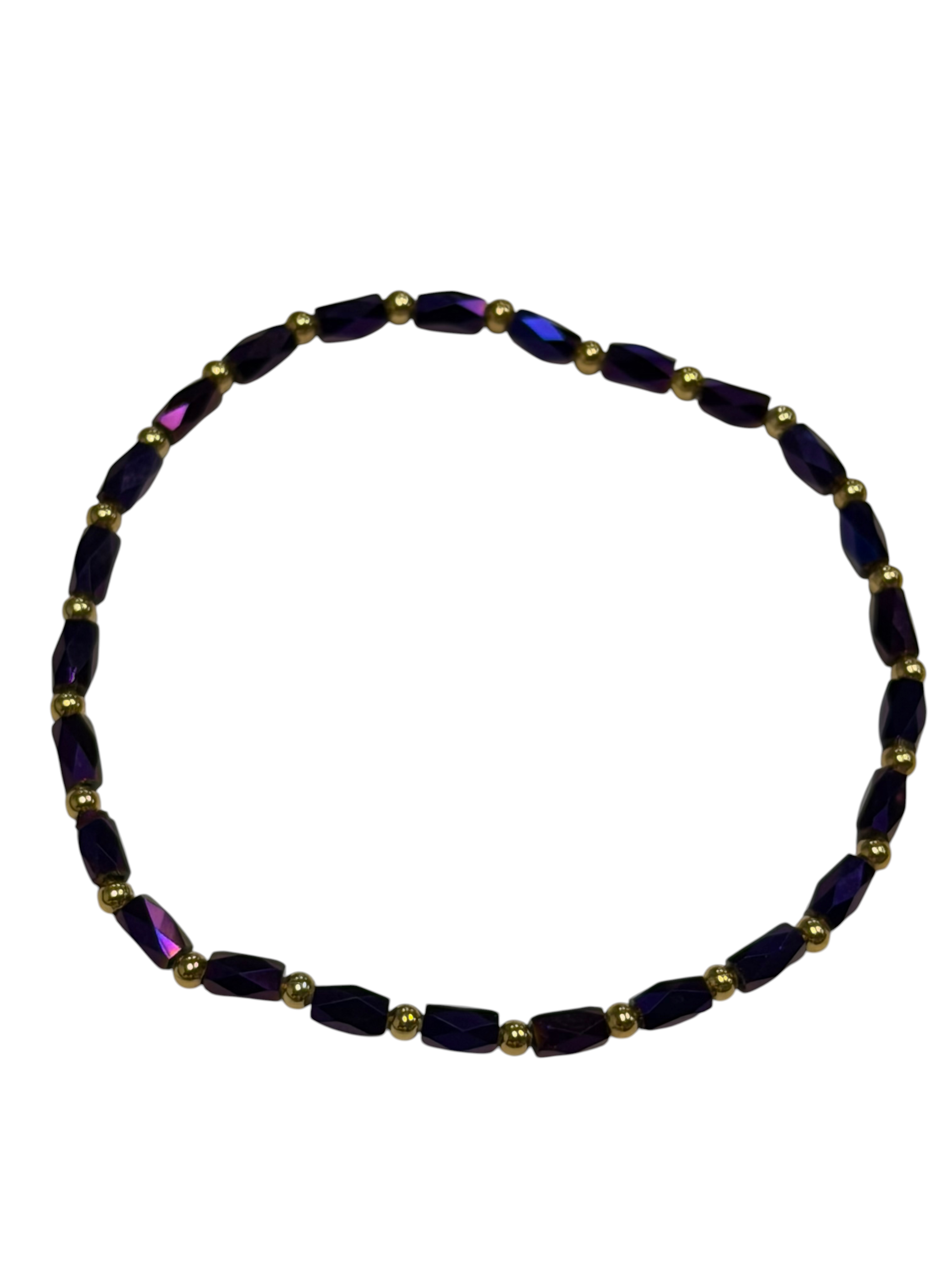 Mini Deep Purple Iridescent Glass with Gold Tone Beaded Bracelet