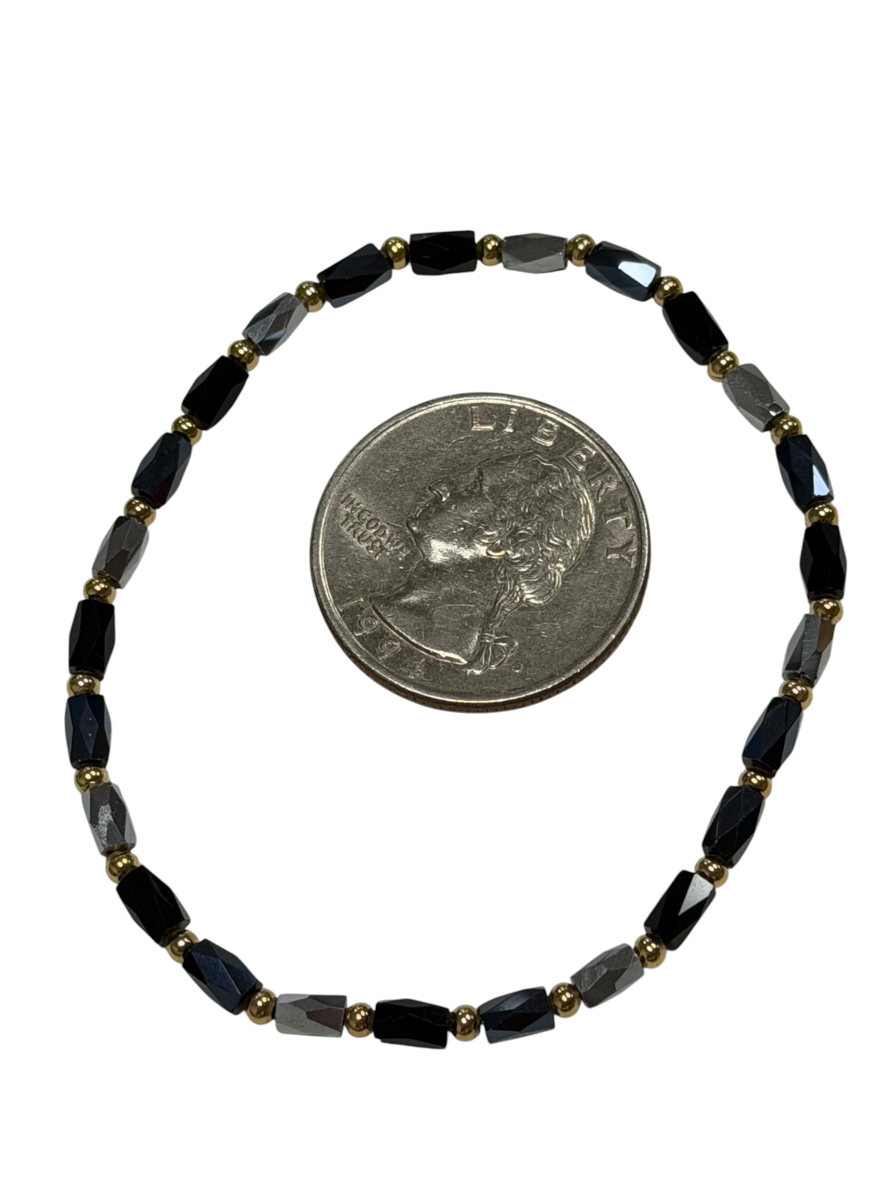 Mini Black and Silver Glass with Gold Tone Bead Bracelet