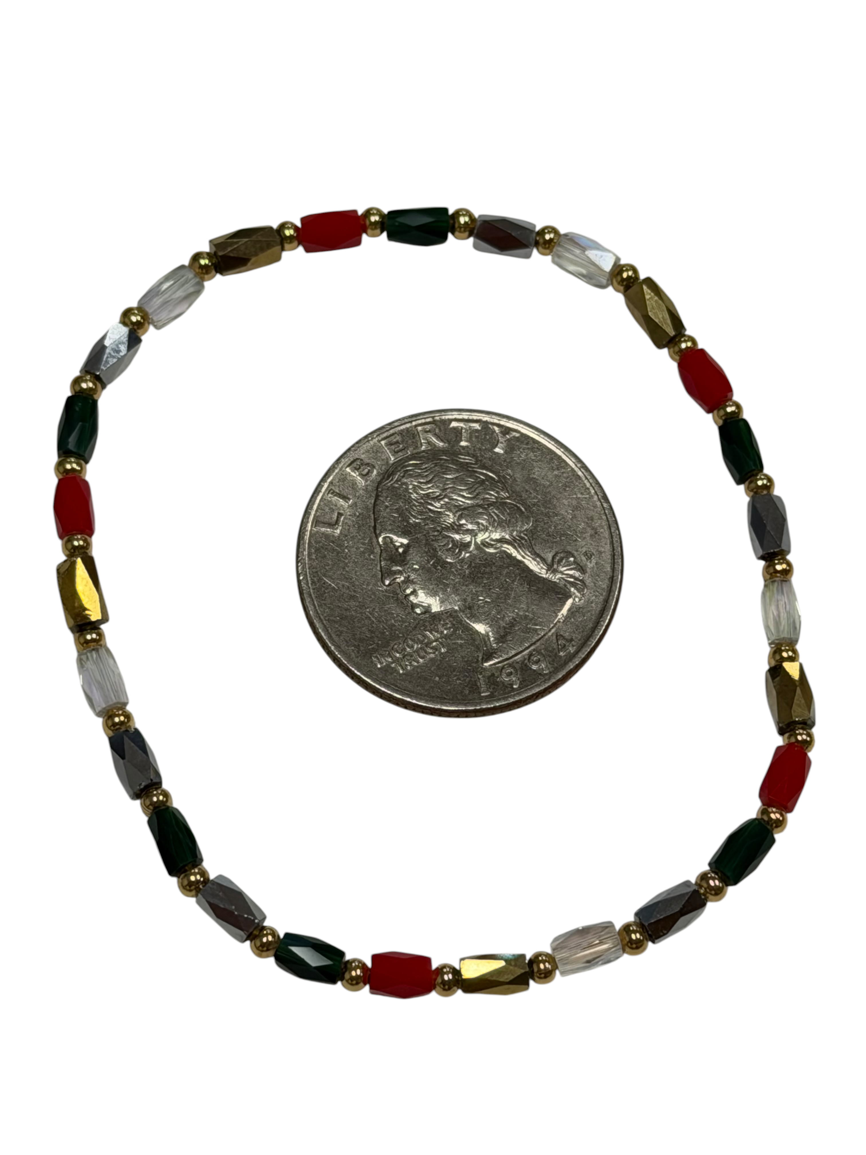 Mini Red, Green, Gold, Silver Glass with Gold Tone Bead Bracelet