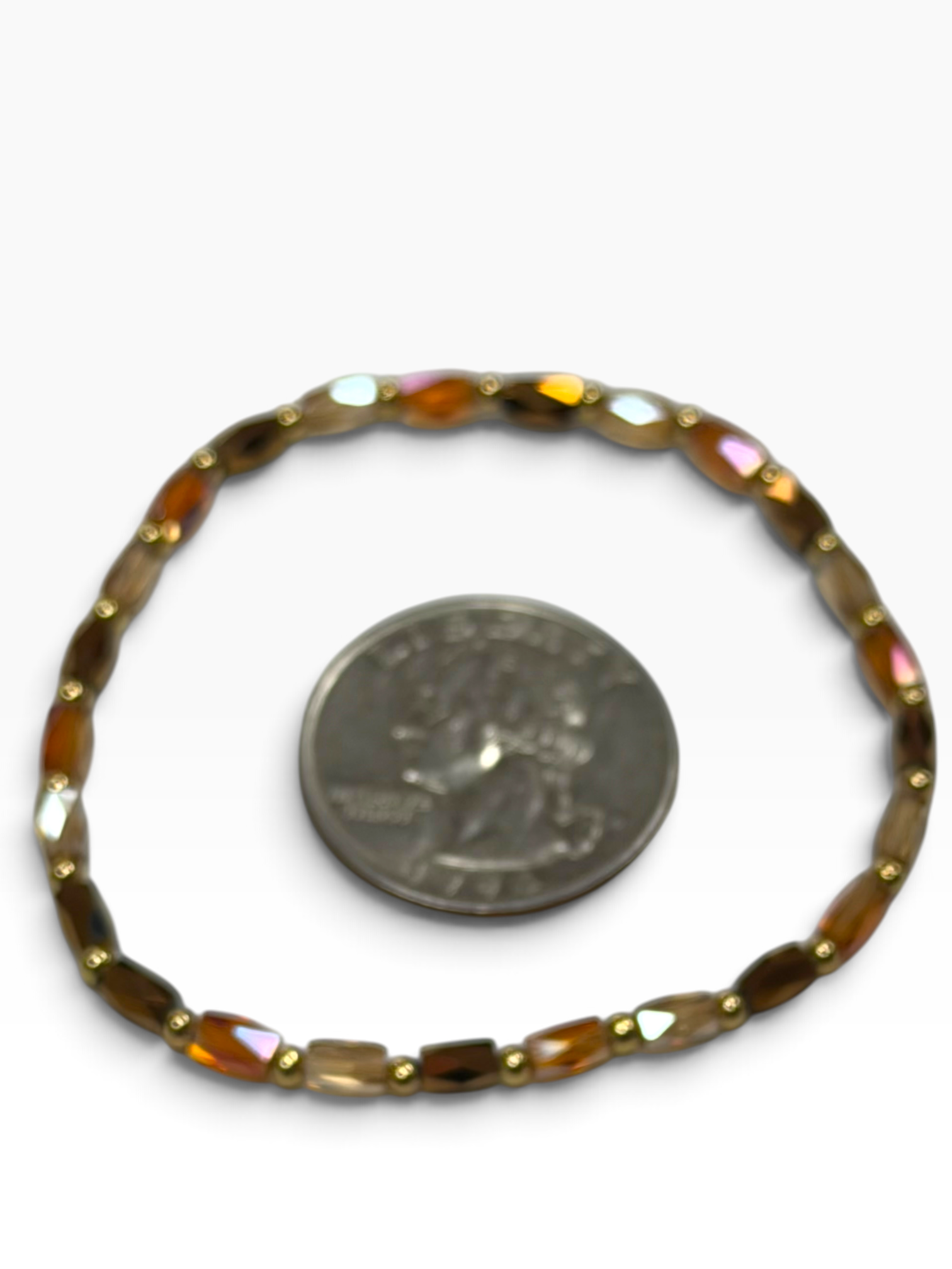 Mini Amber/Peach/Brown Glass with Gold Tone Bead Bracelet