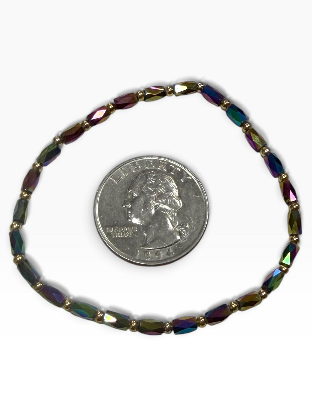 Mini Rainbow Iridescent Glass with Gold Tone Bead Bracelet