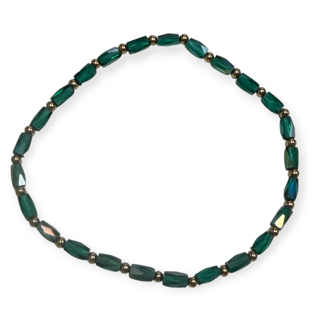Mini Emerald Green Iridescent Glass with Gold Tone Bead Bracelet