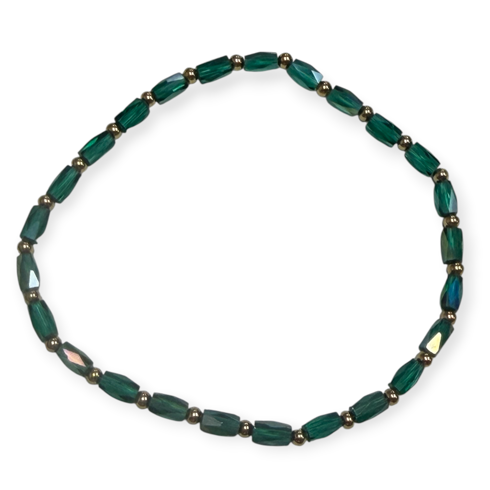 Mini Emerald Green Iridescent Glass with Gold Tone Bead Bracelet