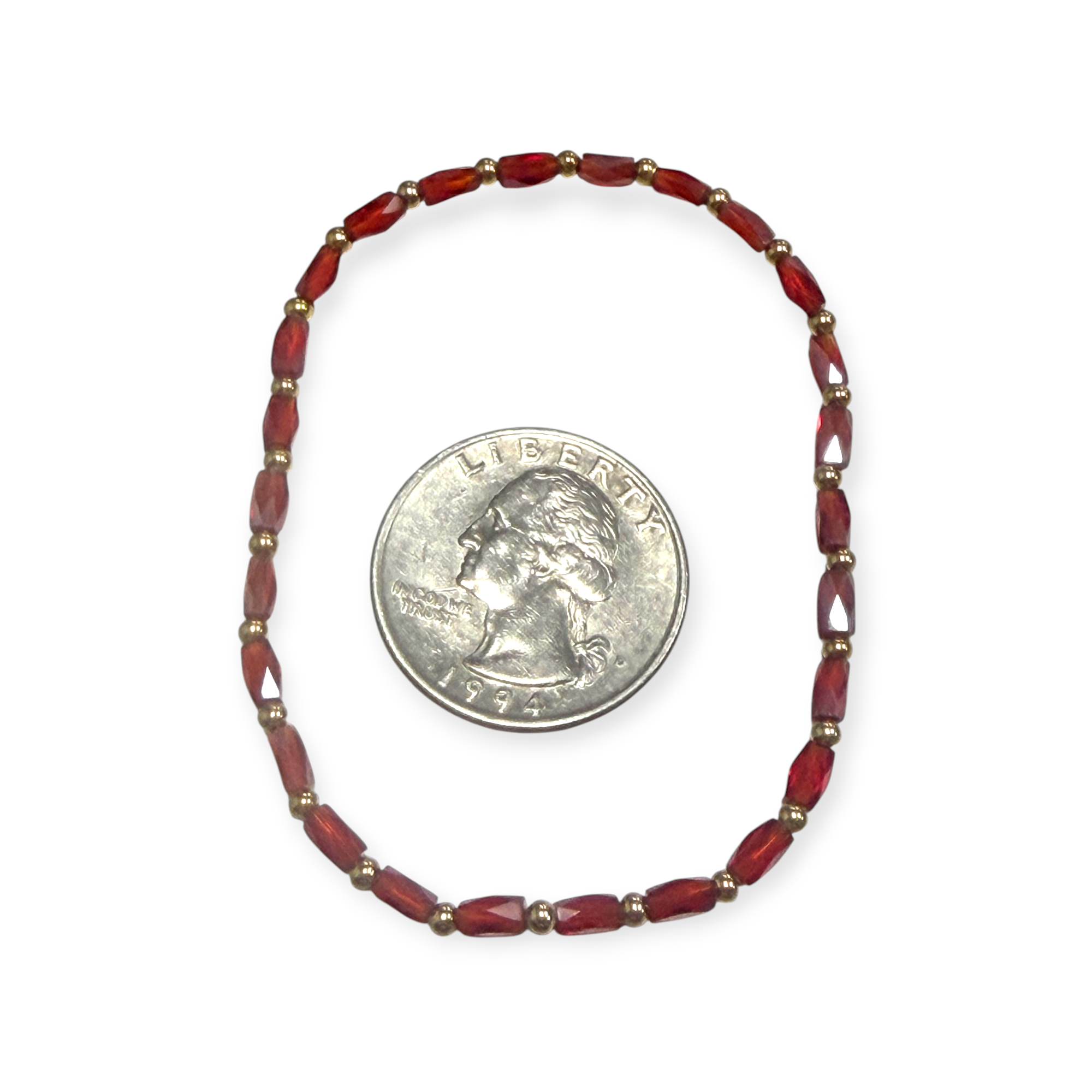 Mini Red Iridescent Glass with Gold Tone Bead Bracelet