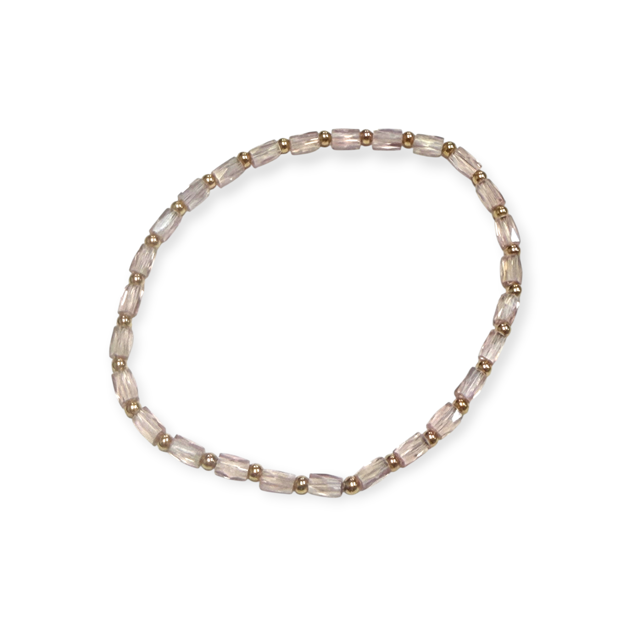 Mini Light Pink Iridescent Glass with Gold Tone Bead Bracelet