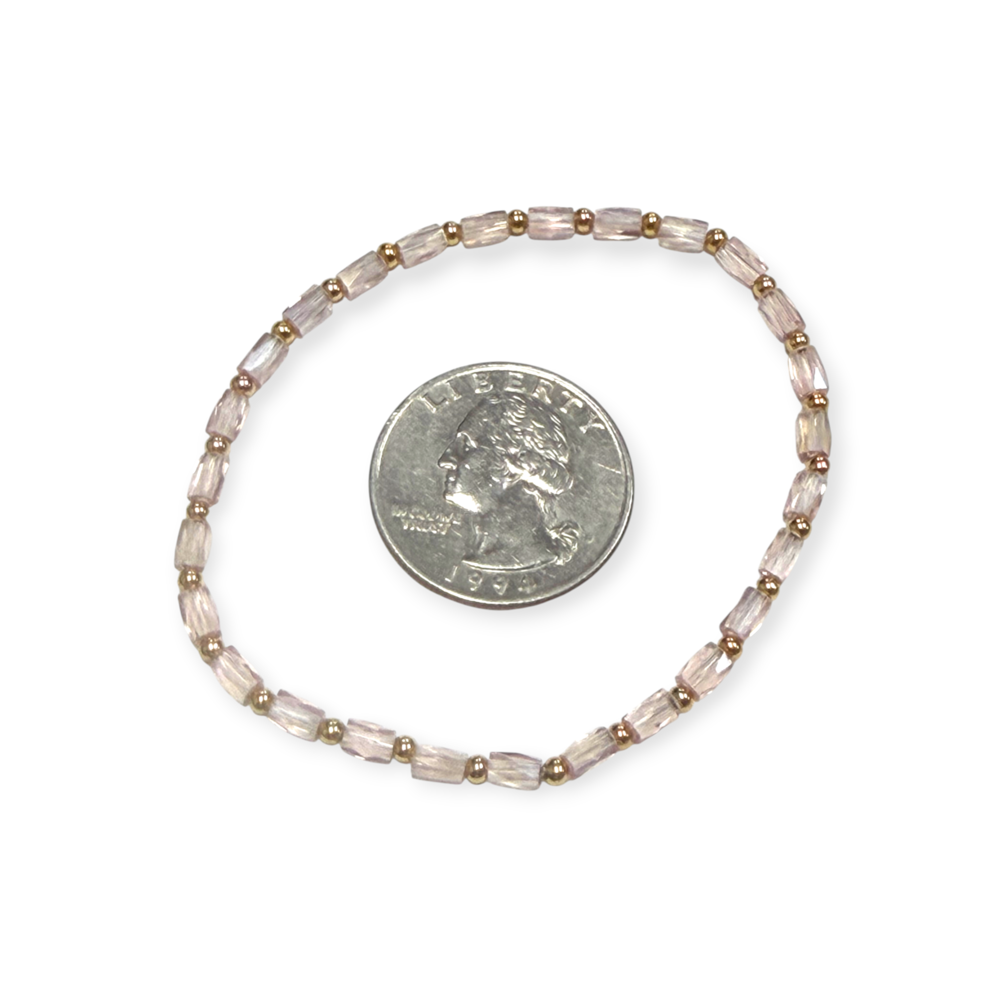 Mini Light Pink Iridescent Glass with Gold Tone Bead Bracelet