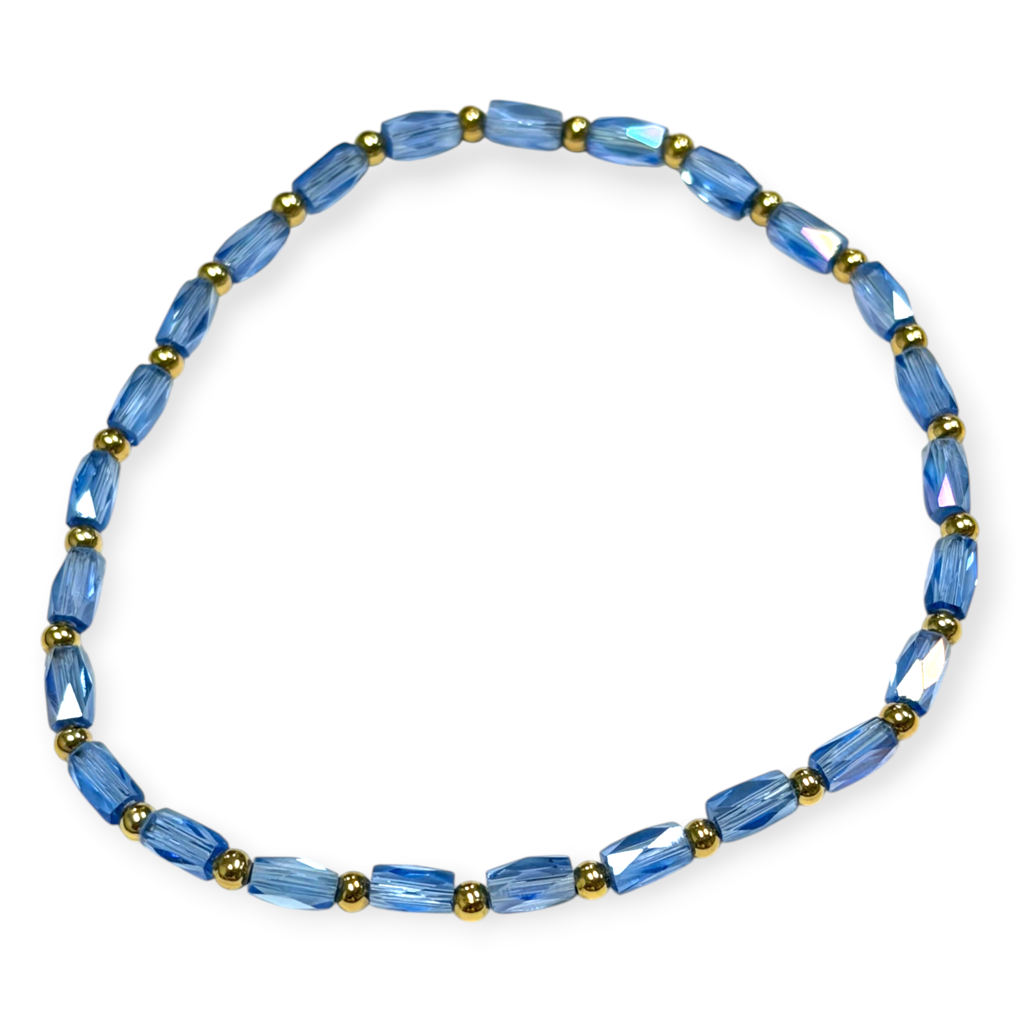 Mini Light Blue Glass with Gold Tone Bead Bracelet