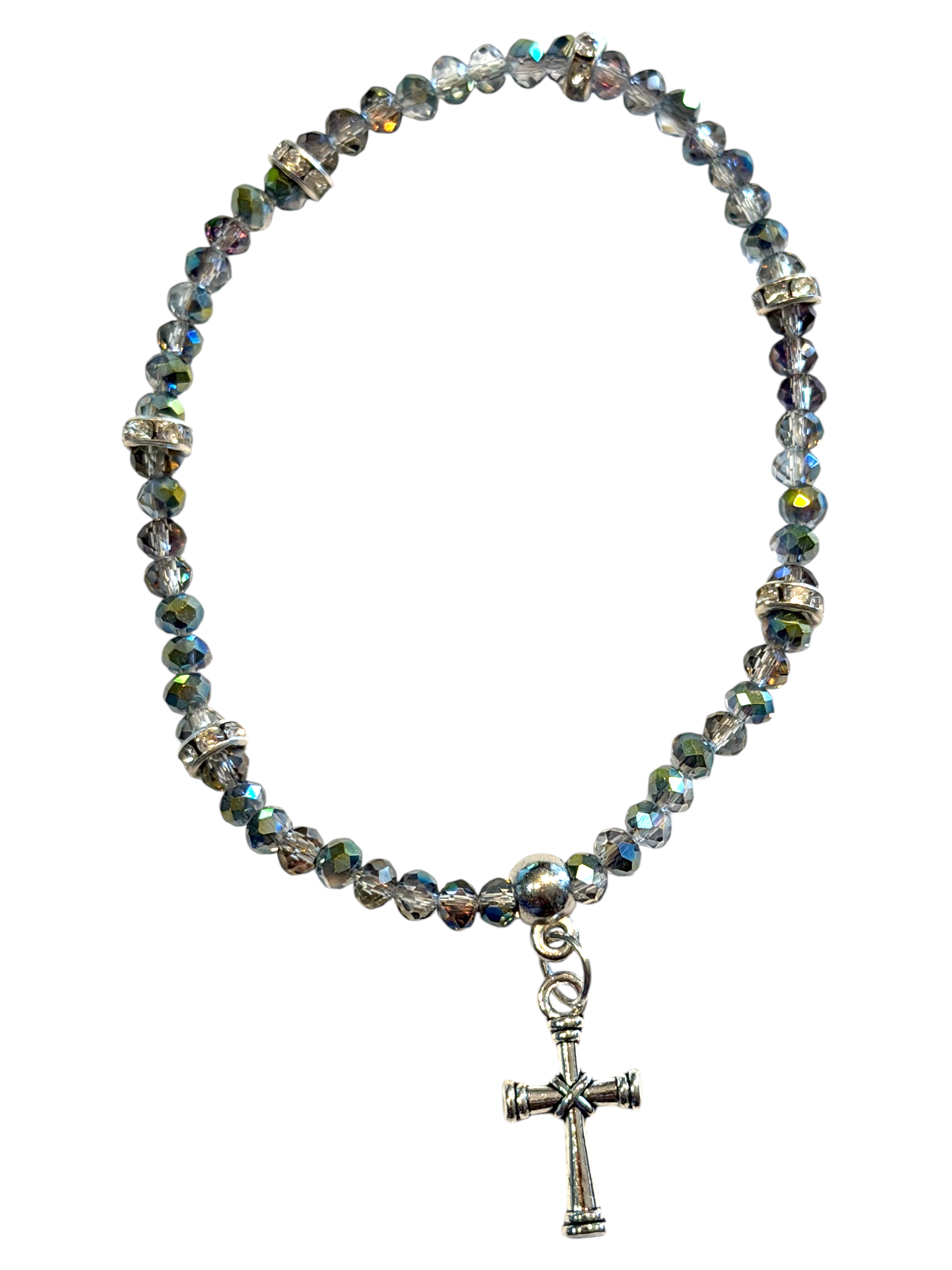Light Gray Iridescent w/Cross Charm 4mm Bracelet