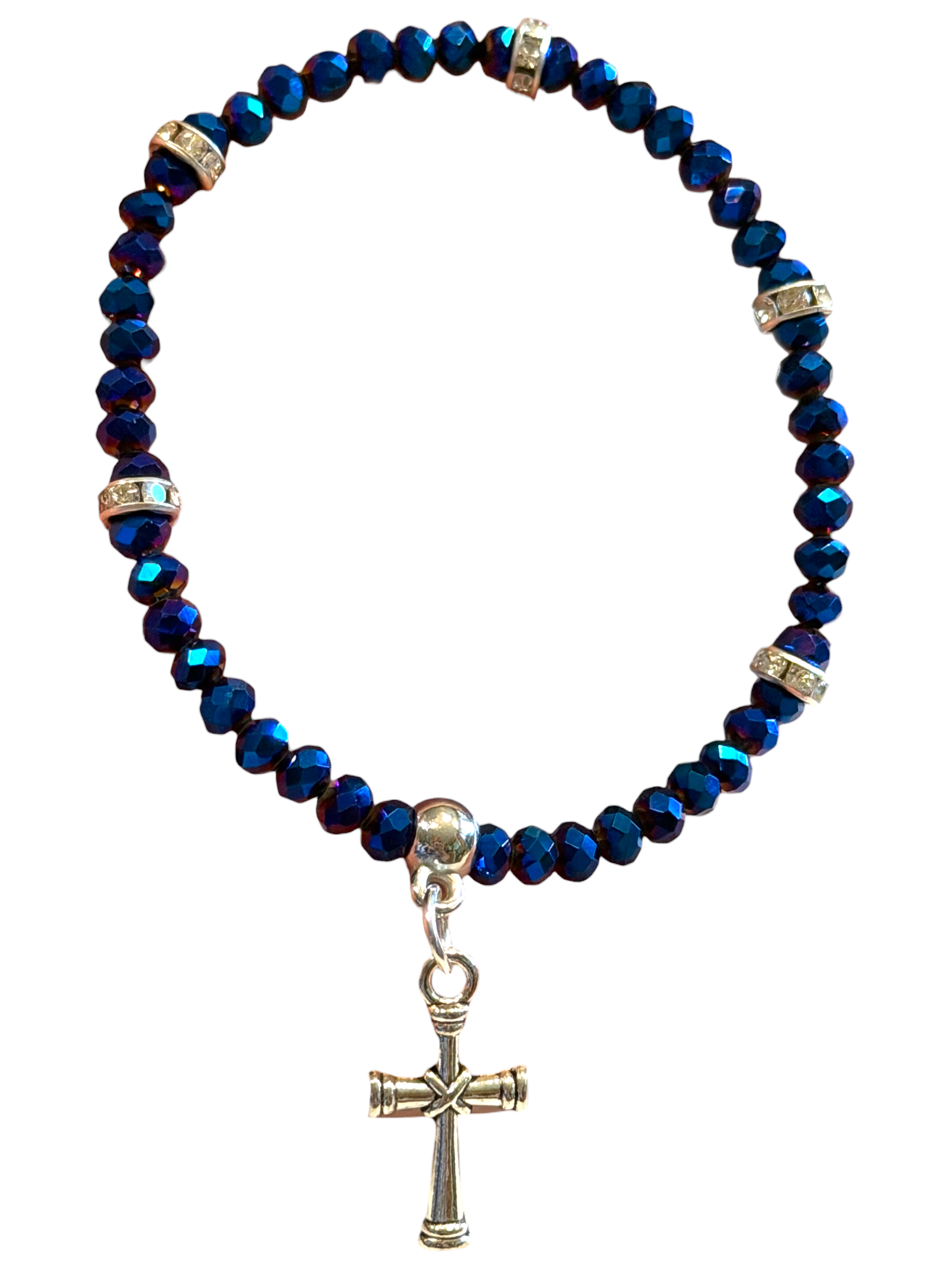 Deep Blue Iridescent w/Cross Charm 4mm Bracelet