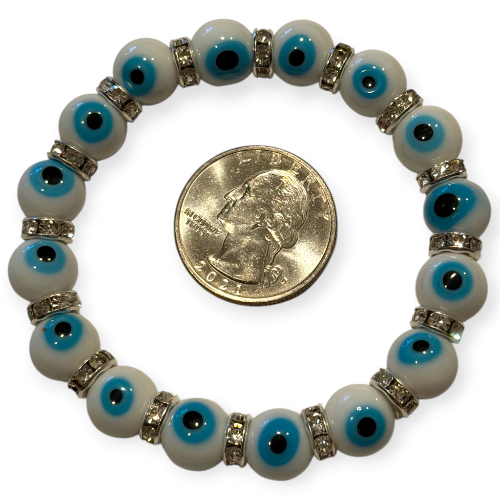 10mm White with Blue Evil Eye Bracelet